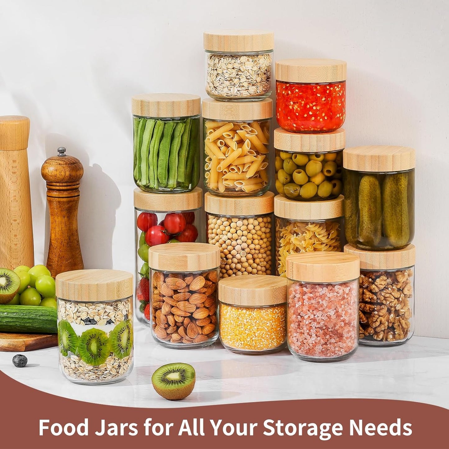 DRKIO 16 Oz Overnight Oats Containers with Bamboo Lids - 4 Pack Glass 