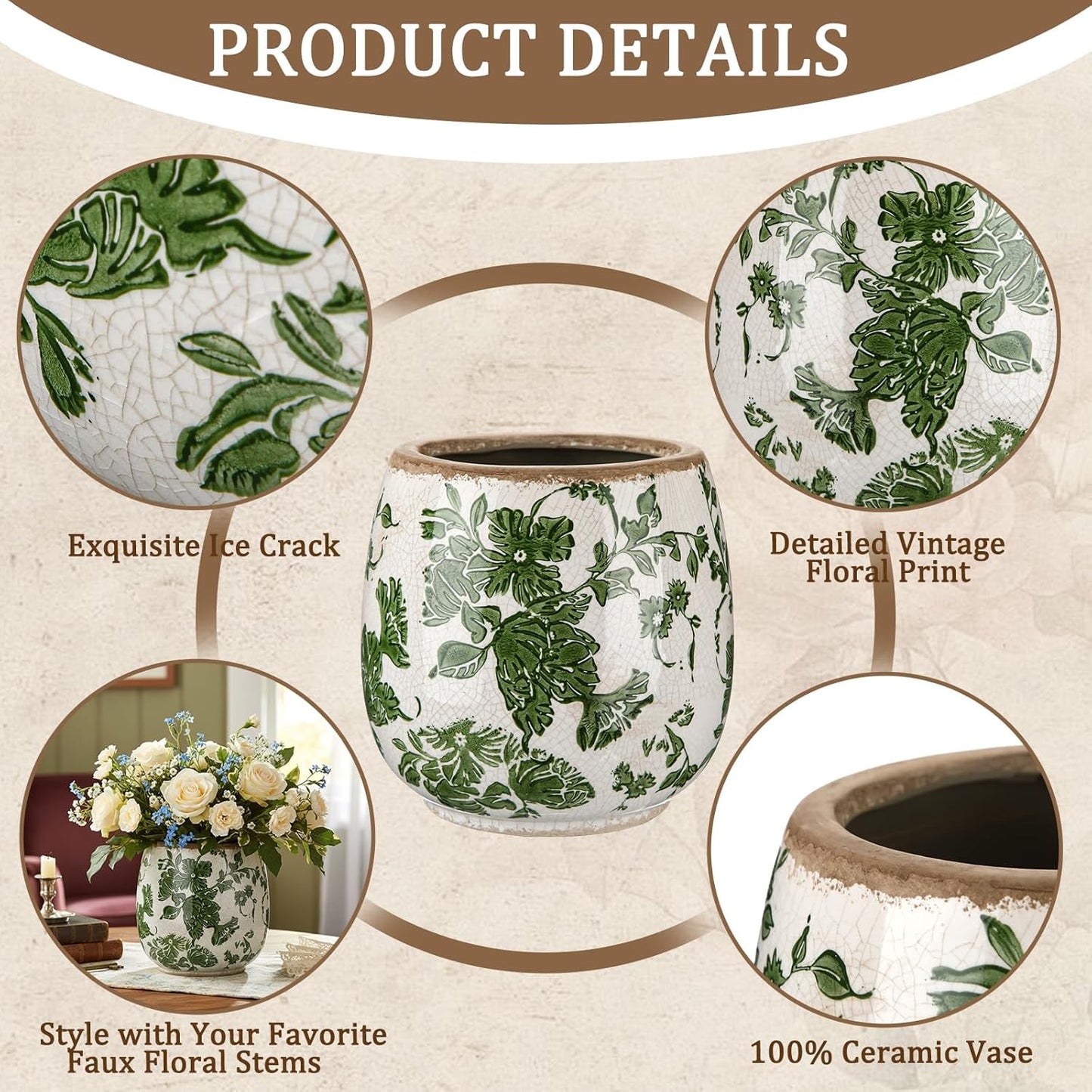 Vintage Ceramic Flower Pot with Ice Crackle Rustic Planter with Drainage Holes for Indoor and Outdoor Decor Home Living Room Garden Decor Gardening Gift(Vintage Green Style)