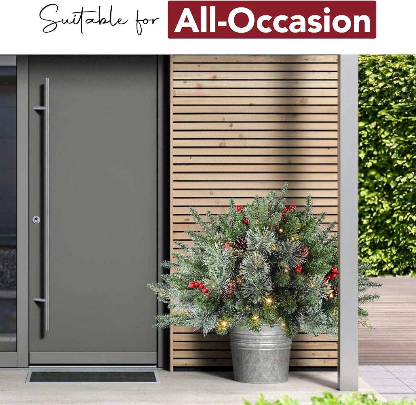 1 Pcs 30 Inch Christmas Tree Green Outdoor Planter Pots Filler Prelit Xmas Pine Trees with Cones and Red Berries 50 Warm White LED with 8 Light Modes and Timer for Yard