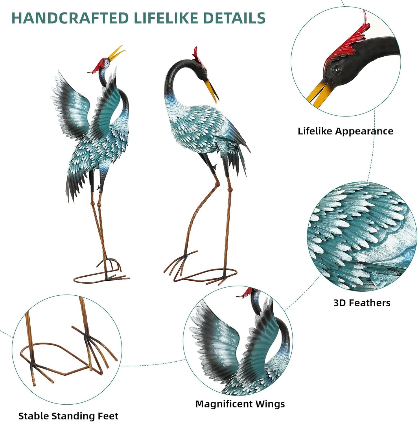 36.8" Metal Crane Garden Statue, Handcrafted Extra-Large Blue Heron De