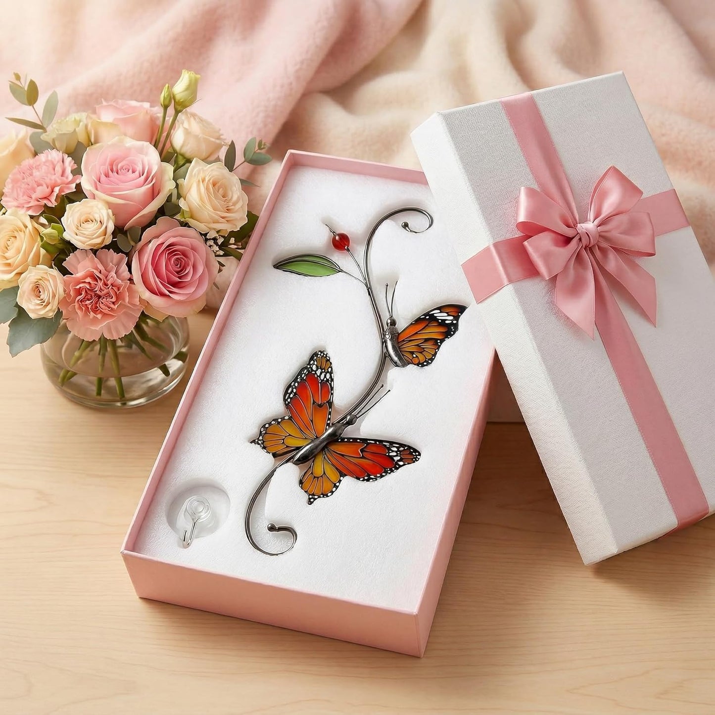 Monarch Butterfly Sun Catcher Indoor Window Handmade Stained Glass Window Hanging Flowers for Decoration Monarch Butterfly Gift for Women Mother Mom Grandma Friends Wall Art for Home Decor