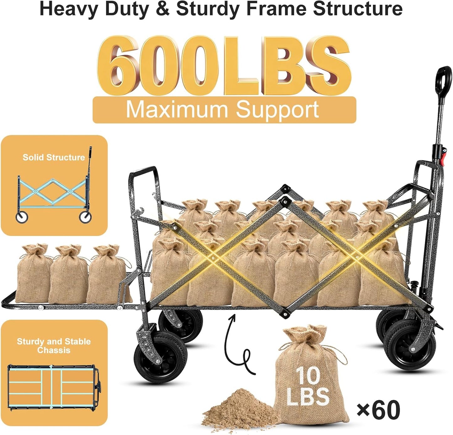 56" Large Collapsible Folding Wagon with Tailgate and Brake, 600LBS He