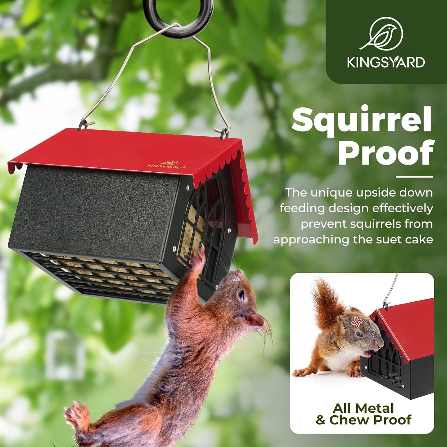 Kingsyard Double Upside Down Suet Feeder with Weatherproof Roof, All Metal Suet Feeders for Outdoors Hanging, Great for Downy Woodpecker Nuthatch Chickadee, Red