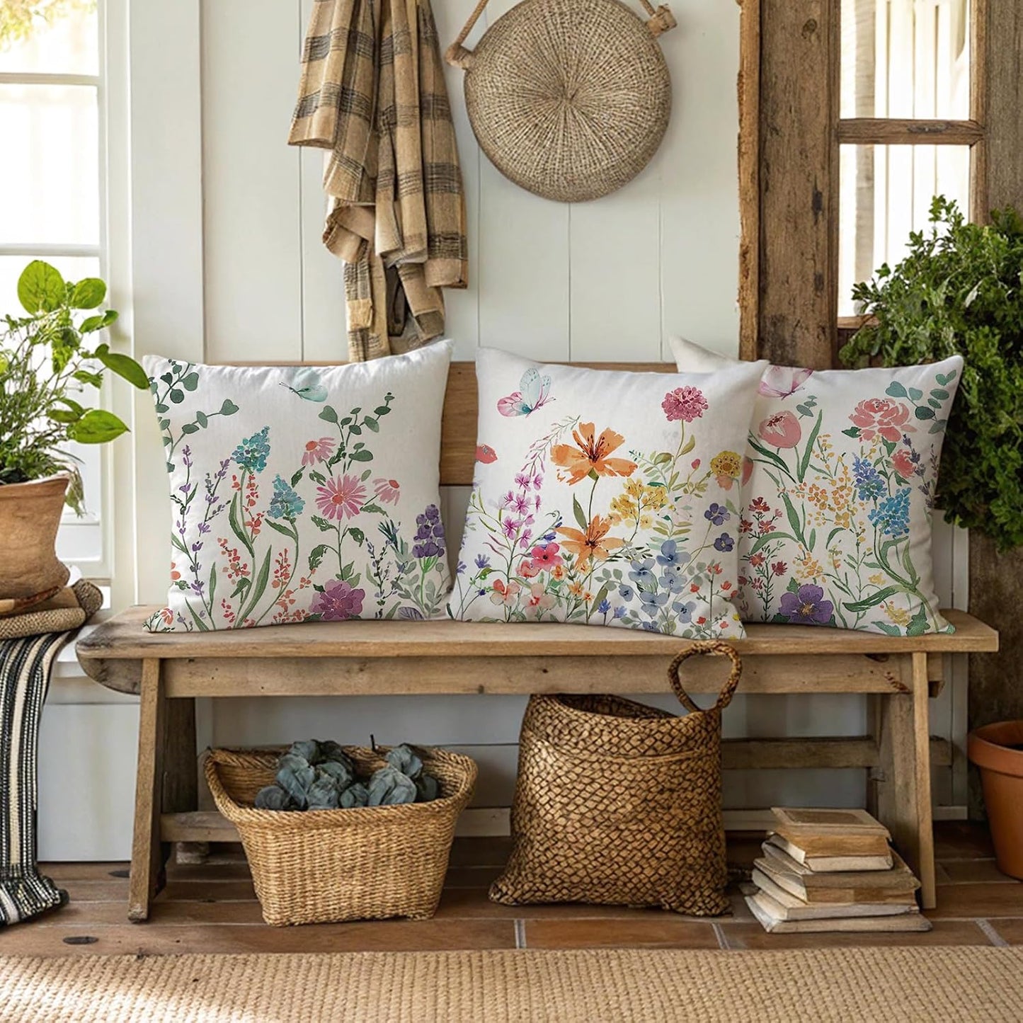 ONFAON Spring Decorations for Home - Spring Pillow Covers 18x18, Outdoor Pillow Covers Springtime Farmhouse Throw Pillow Cover Garden Linen Cushion Case for Home Decor