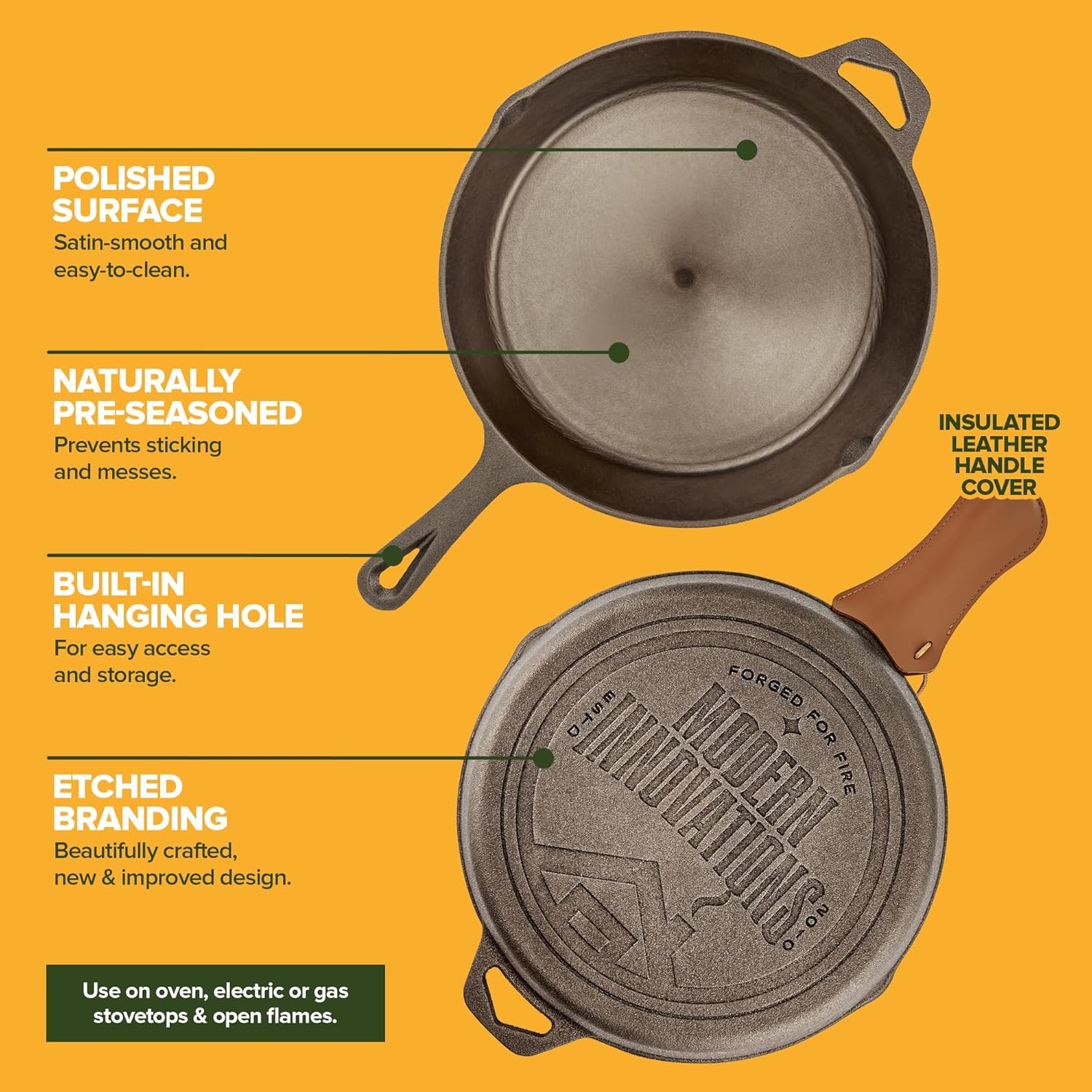 Modern Innovations 10 Inch Cast Iron Skillet, Pre-Seasoned Smooth Poli