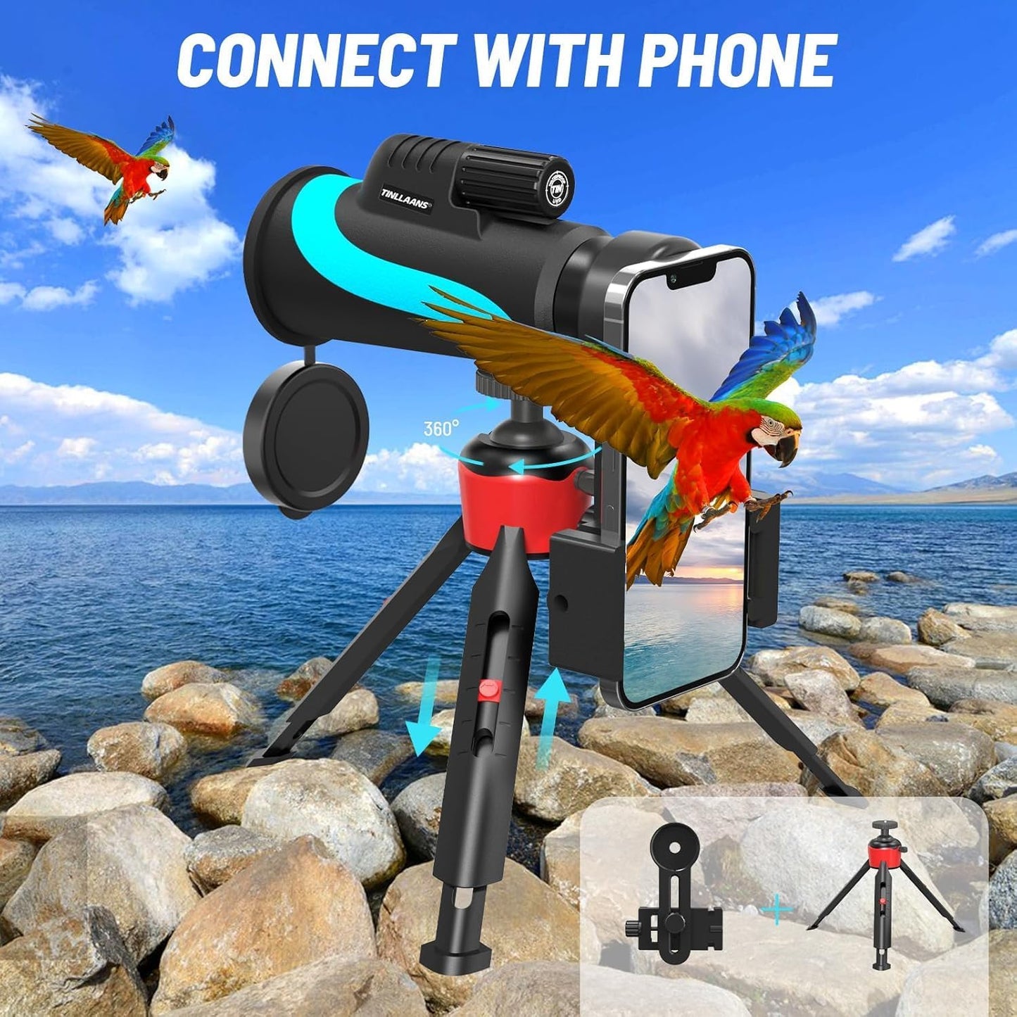 16x56 UHD Monocular Telescope, Monoculars for Adults High Powered, Monocular for Stargazing, with BAK-4Prism,FMC Lens, 8° Wide Angle,Bird Watching with Phone Holder & Tripod(Blue)