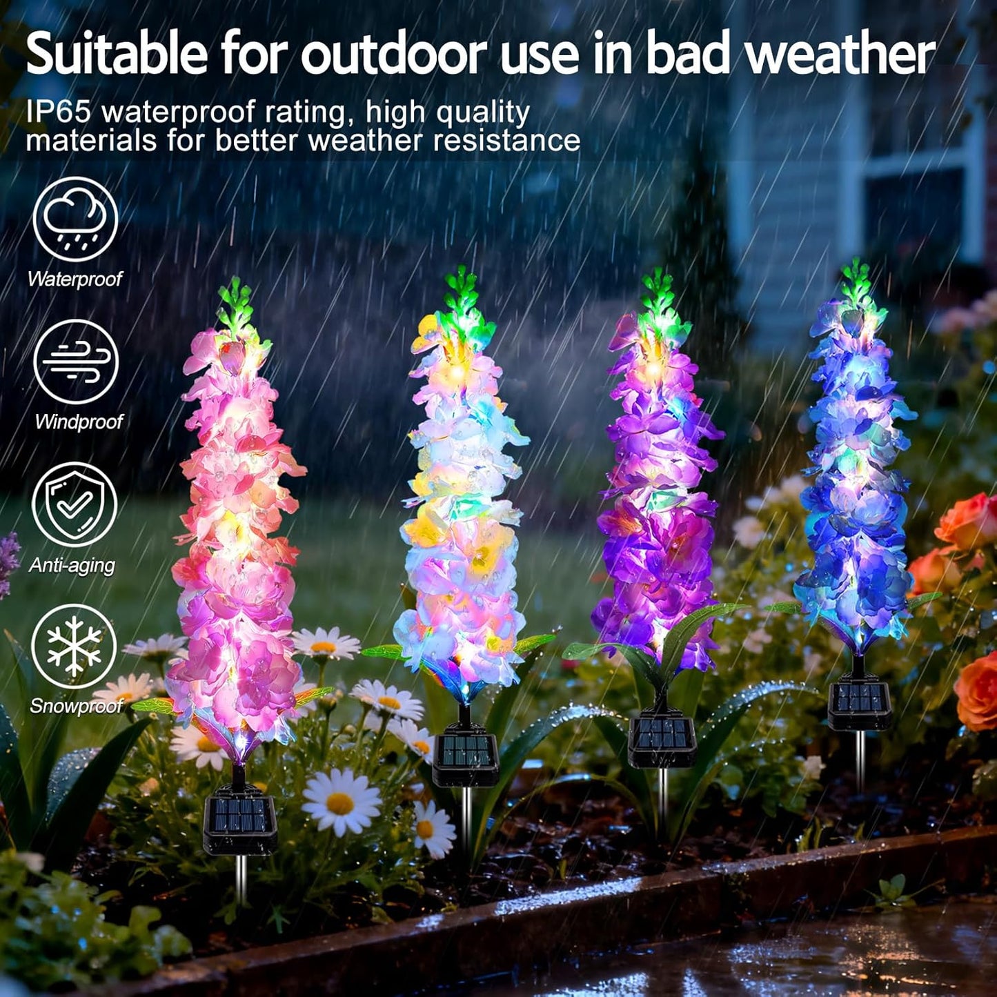 Solar Garden Lights, Solar Delphinium Flowers Lights 4 Pack 80 LEDs, W