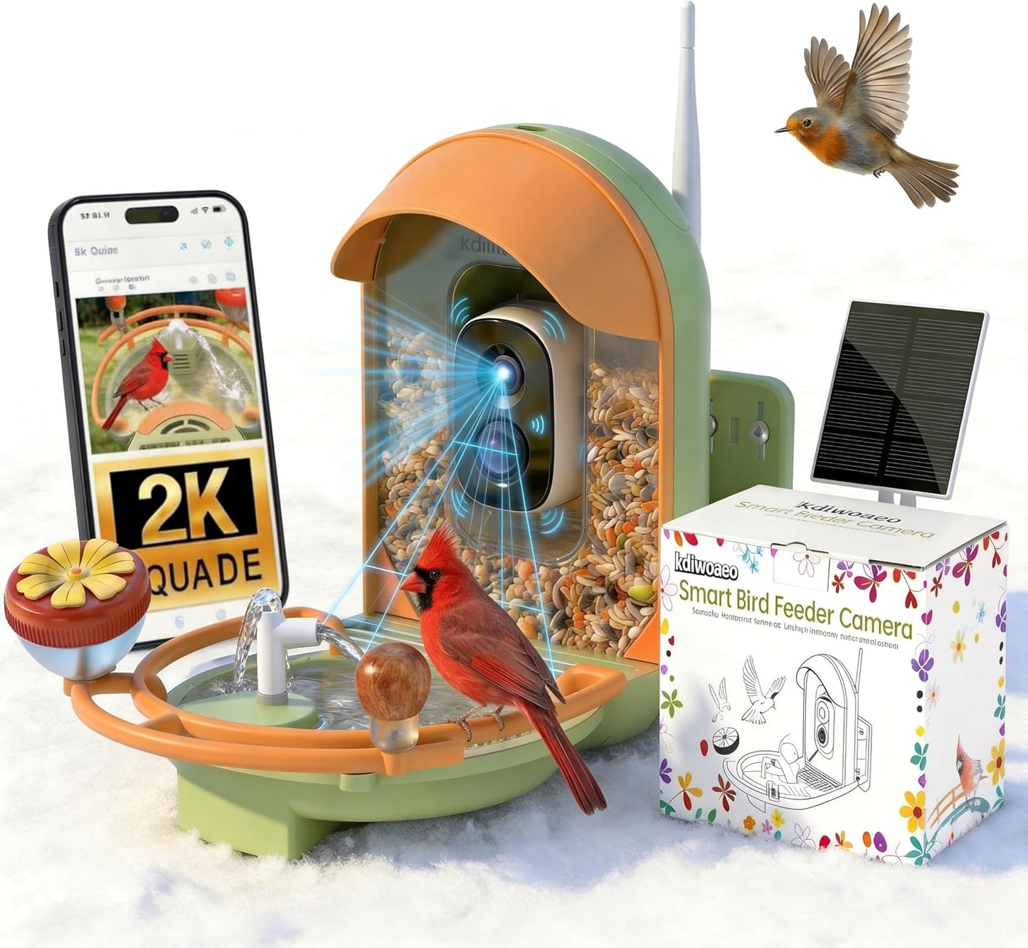 AI-Powered Smart Bird Feeder with Camera & Bird Bath with Solar Powered Circulating Pump, Identifies 10000+ Bird Species, 2K Live Stream & App Alerts, Weatherproof Garden Decor & Bird Watching Gift