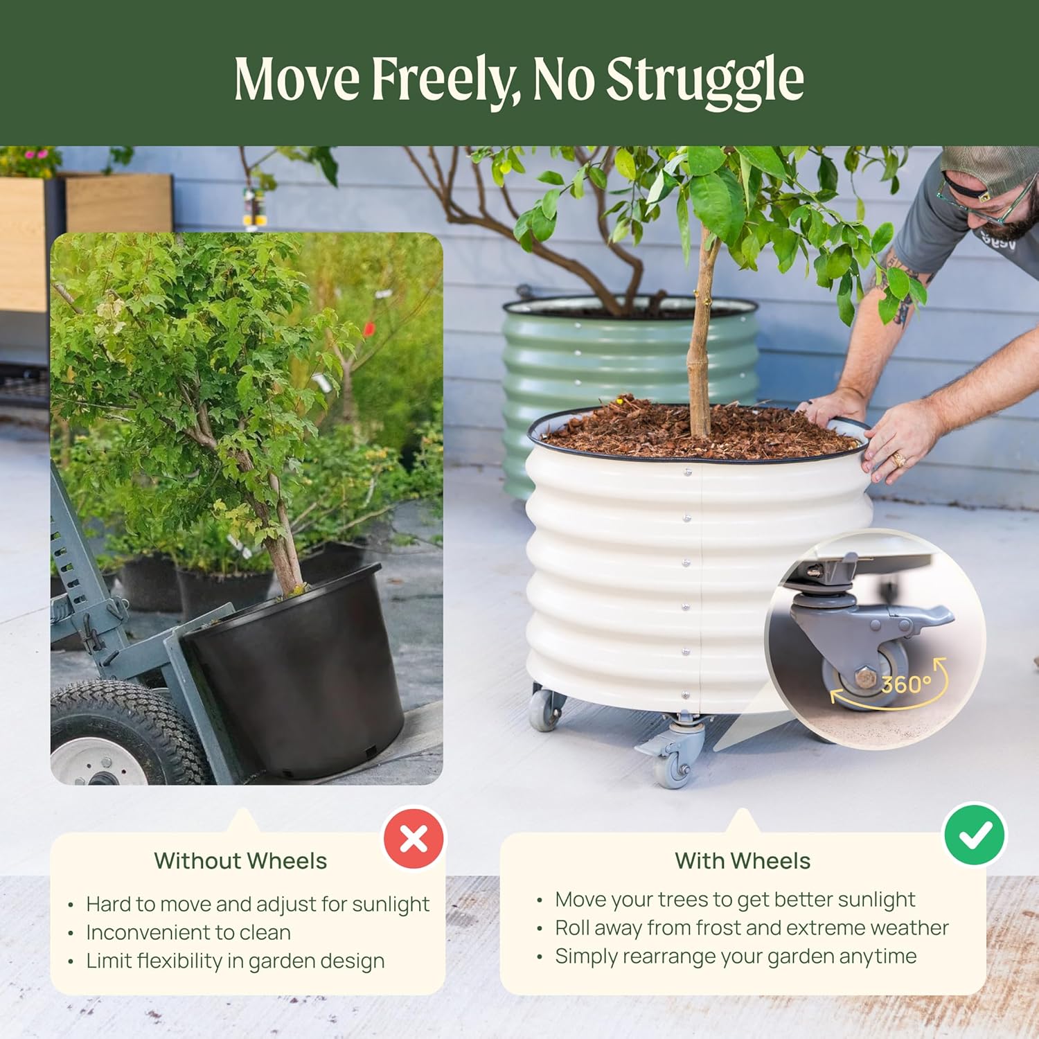 Rolling Metal Citrus Tree Planter Pot, 24″ Round Planter Box for Porch