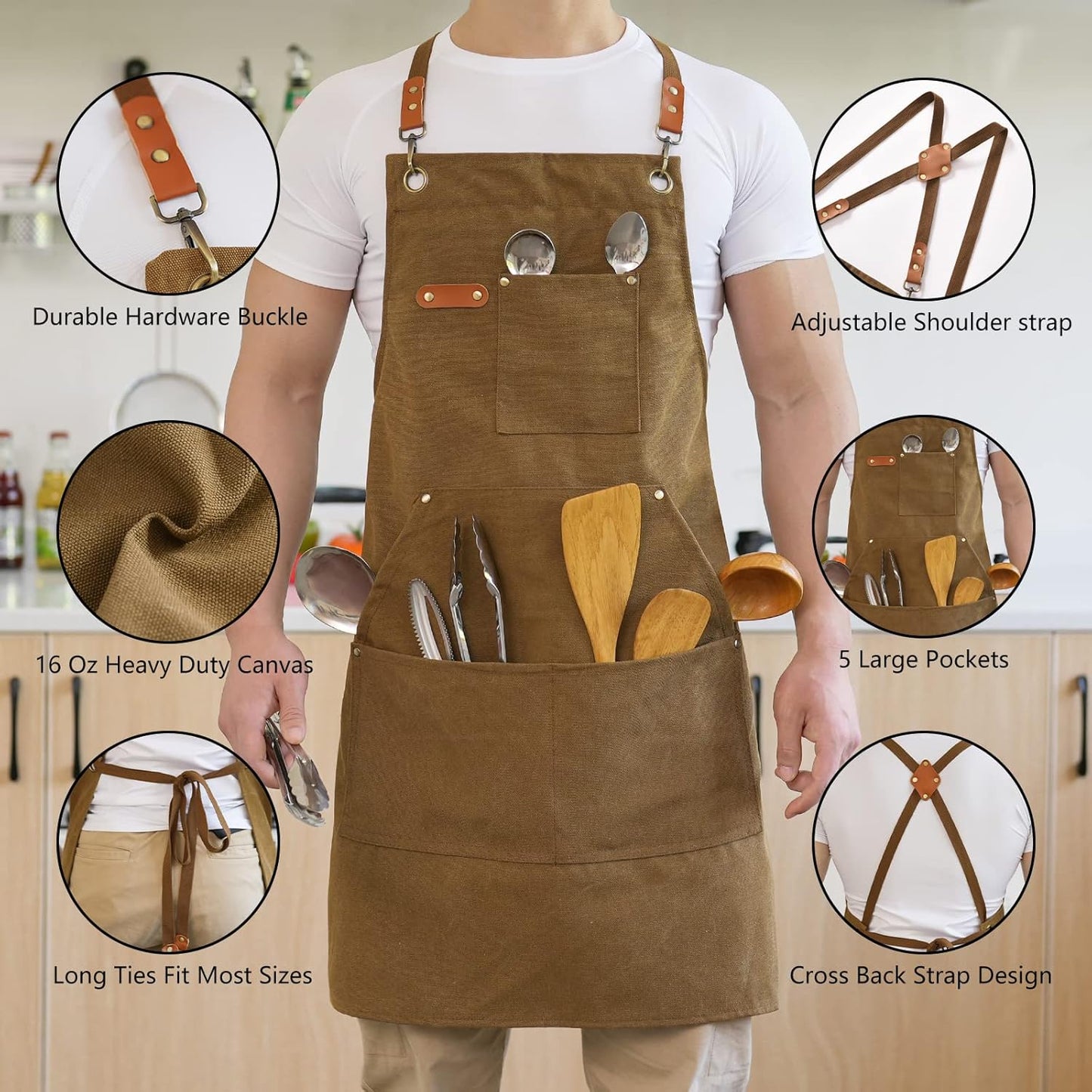 Canvas Aprons for Men Chef Apron, Work Apron with Large Pockets - 16oz
