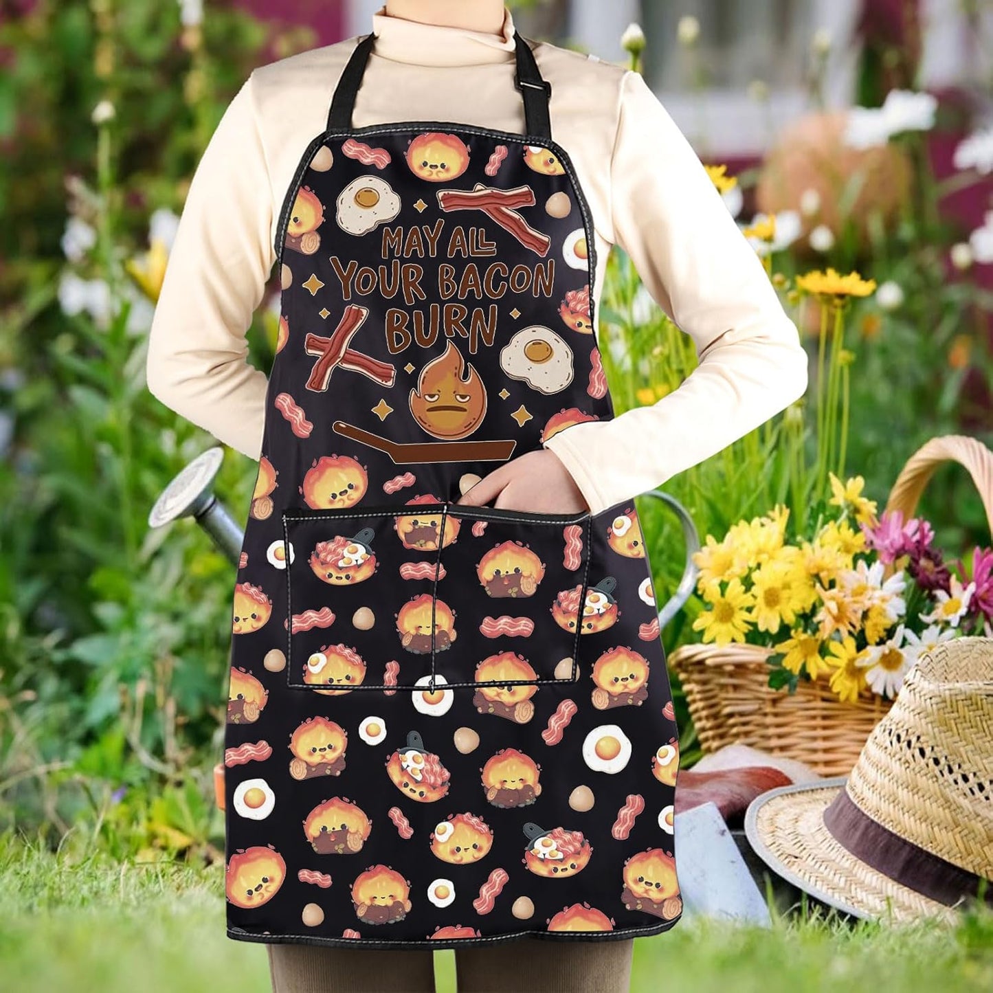 WCGXKO May All Your Bacon Burn Kitchen Apron Japanese Anime Inspired Gift BBQ Grilling Party Gift
