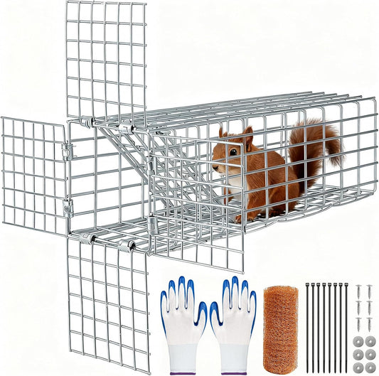 One Way Squirrel Door Excluder - Humane Chipmunk Excluder for Attics & Chimneys, Squirrel Traps with DIY Kit Including Screws, Pressure Plate,Gloves, Cable Ties & Copper Mesh