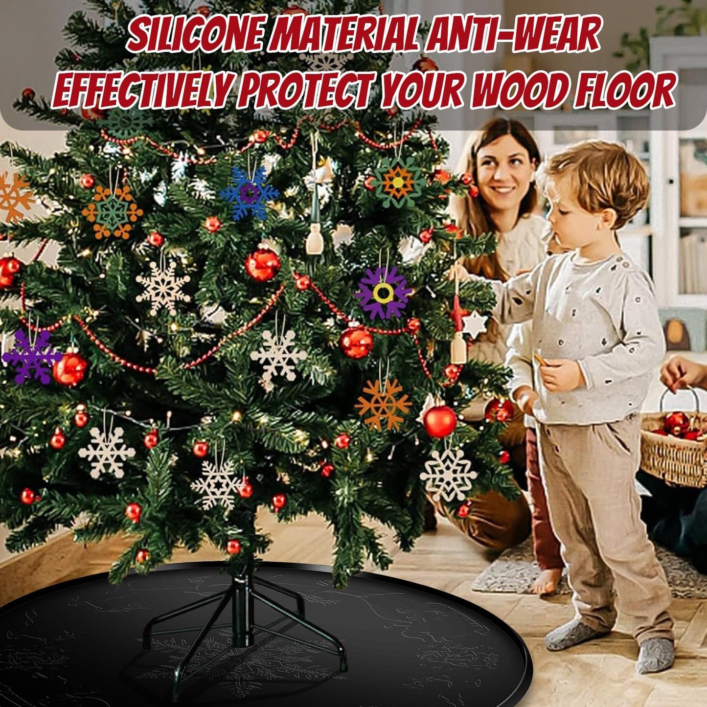 LURKA 31 Inch Christmas Tree Stands Mat with Embossed Christmas Design, Heavy Duty Christmas Tree Floor Protector, Waterproof Under Tree Pad for Christmas Tree Stand, Christmas Tree Floor Mat （Black）