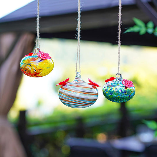 QFkris 3 Pack Blown Glass Hummingbird Feeder for Outdoors Hanging, 3.2" Small Hummingbird Feeder with Flower Feeding Ports, Bird Feeder for Outside Garden Backyard Decor, Gifts for Women