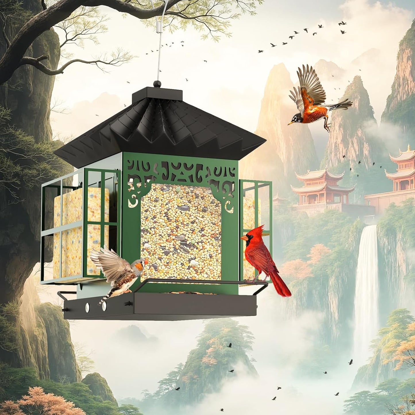 Bird Feeders for Outdoors Hanging, Metal Bird Feeder with Double Suet 