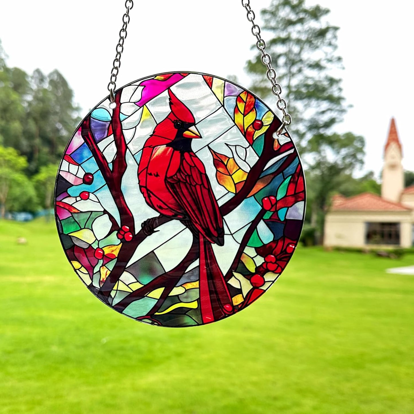 Red Bird Memorial Suncatcher, Memorial Panel Glass Stained Glass Indoor Window Art Wall Decor for Bird Lover.