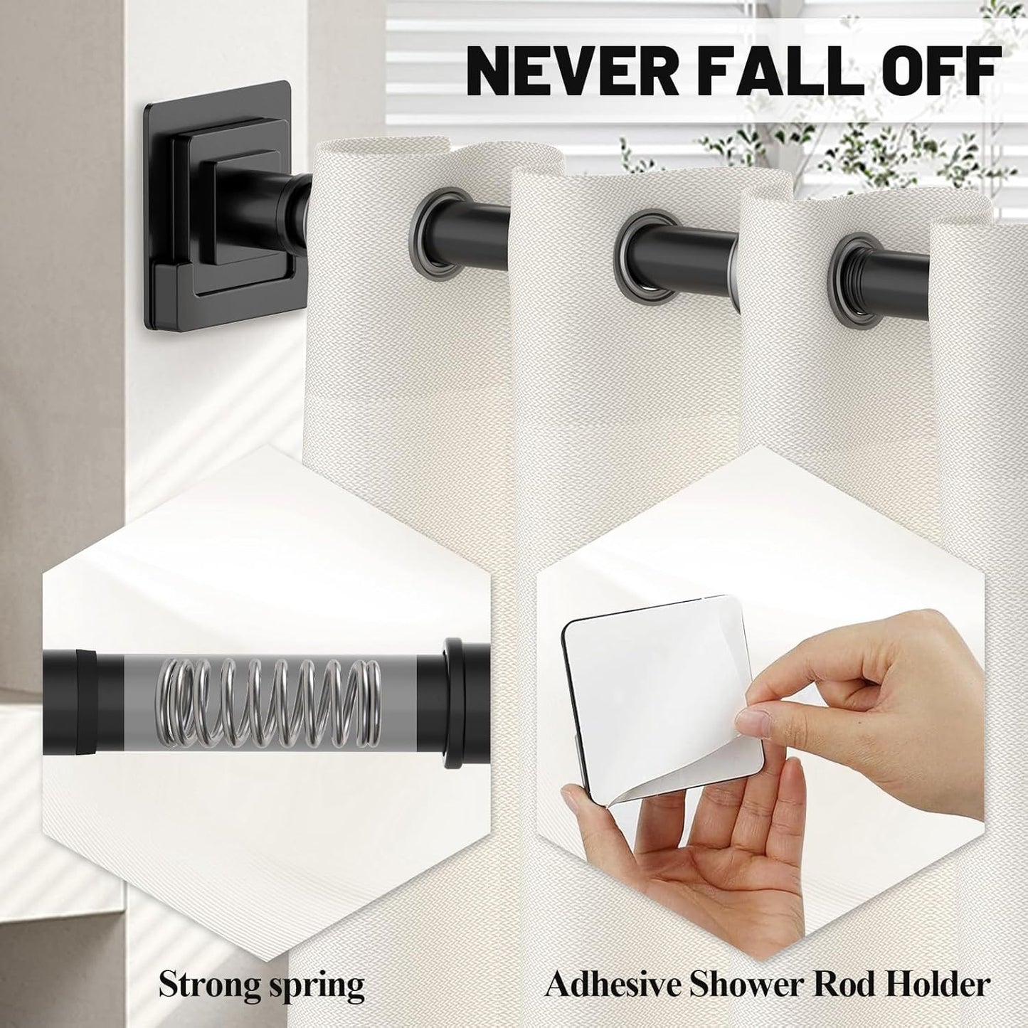 Matte Black Shower Curtain Rod 31-79 inches with Holders, Stainless Steel Shower Rod & Tension Rod, Adjustable Tension Shower Curtain Rod for Bathroom, Windows, Closet