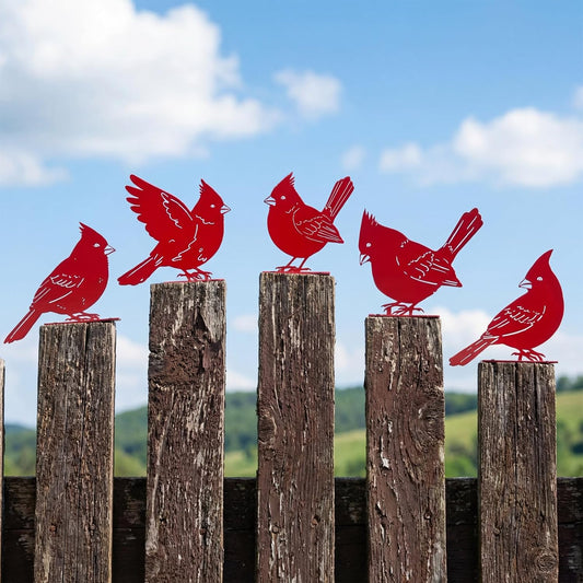 Leinuosen 5 Pcs Red Cardinal Birds Silhouettes Decoration, Garden Spring Decor Outdoor, Metal Bird Craft Statue Set, Yard Art Ornaments for Garden Patio, Cardinal Silhouette, Housewarming Gift