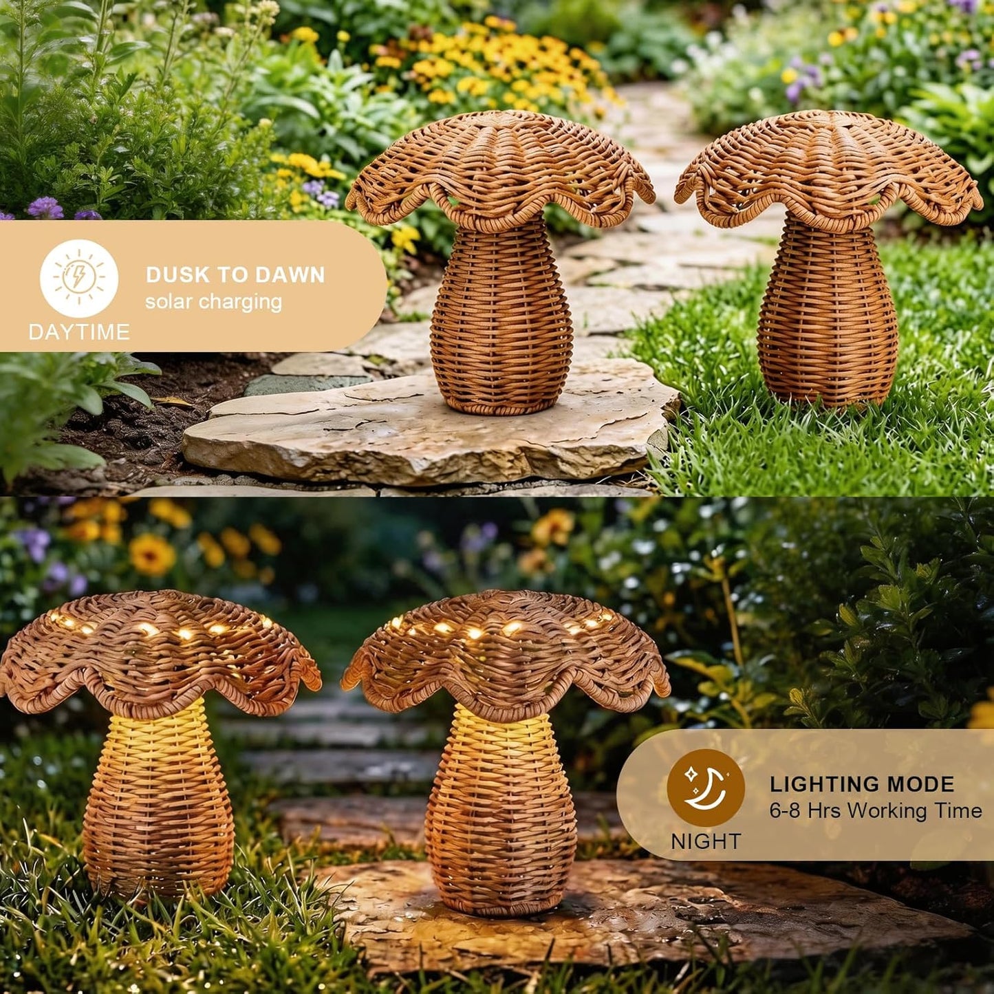 2 Pack Solar Mushroom Rattan Lanterns, 9’’ Handmade Wicker Lamp Mushroom Lights for Indoor Outdoor, Solar Outdoor Lamp Solar Lanterns for Table Deck Yard Patio Walkway Porch, Home Decor, Boho Decor
