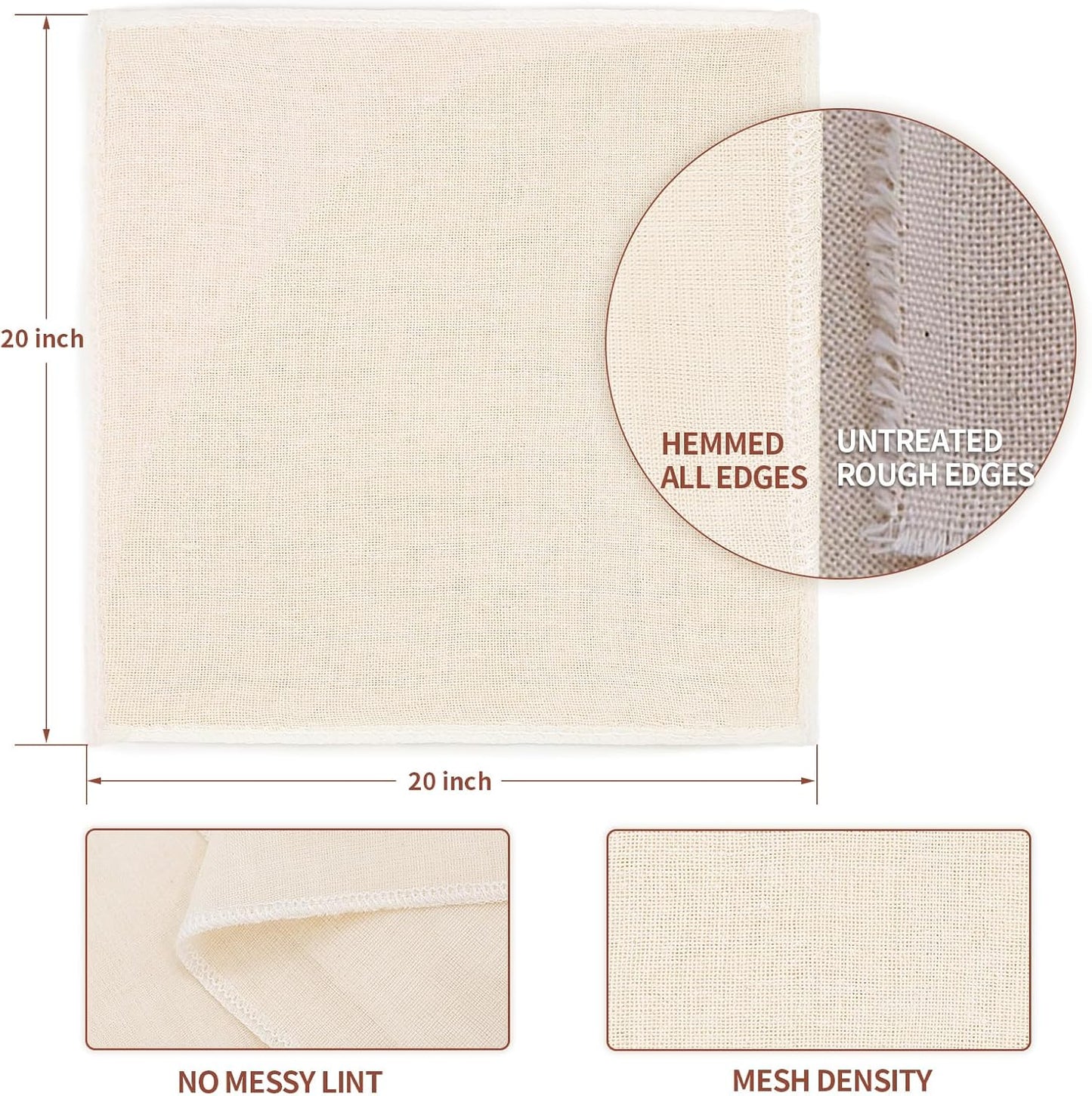 12Pcs Reusable Cheese Cloths 20x20 Inch, 100 Grade Cheesecloth Hemmed 4 Edges, 100% Unbleached Cotton Cheese Cloth Bag for Straining, Muslin Cloth Strainer for Baking, Juicing, Cheese, Crafts Making