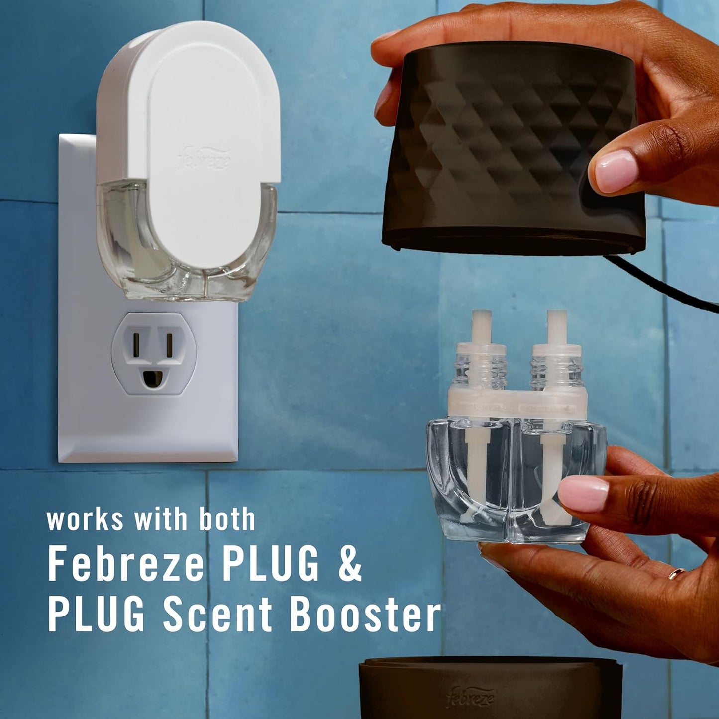 Febreze PLUG Scent Booster Starter Kit, Black, Oil Diffuser, Air Freshener Plug In, Continuous Scent Device + 2 Ocean Refills
