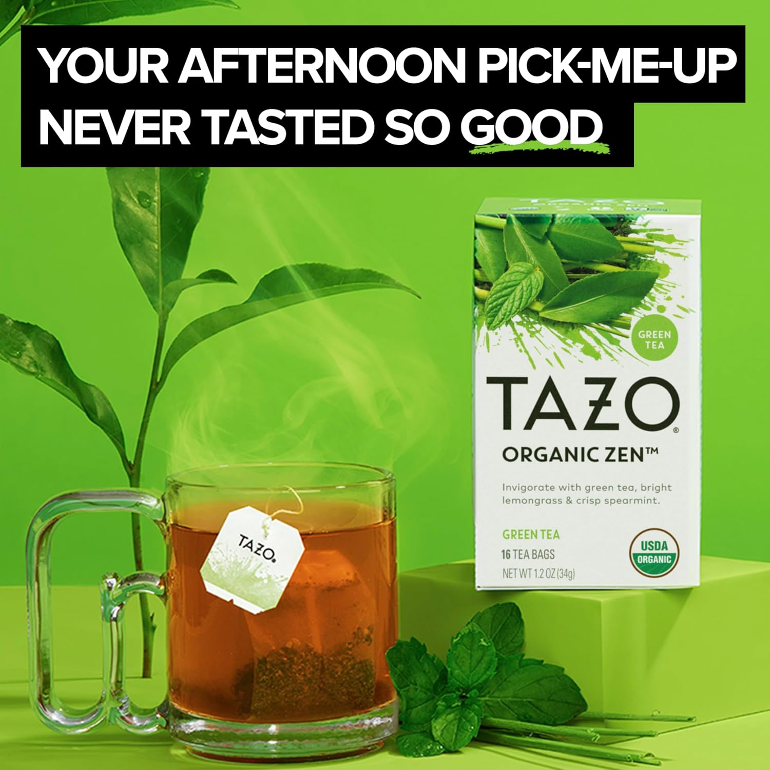 TAZO Organic Zen Green Tea, Caffeinated Tea with Refreshing Lemongrass