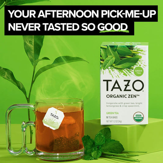 TAZO Organic Zen Green Tea, Caffeinated Tea with Refreshing Lemongrass