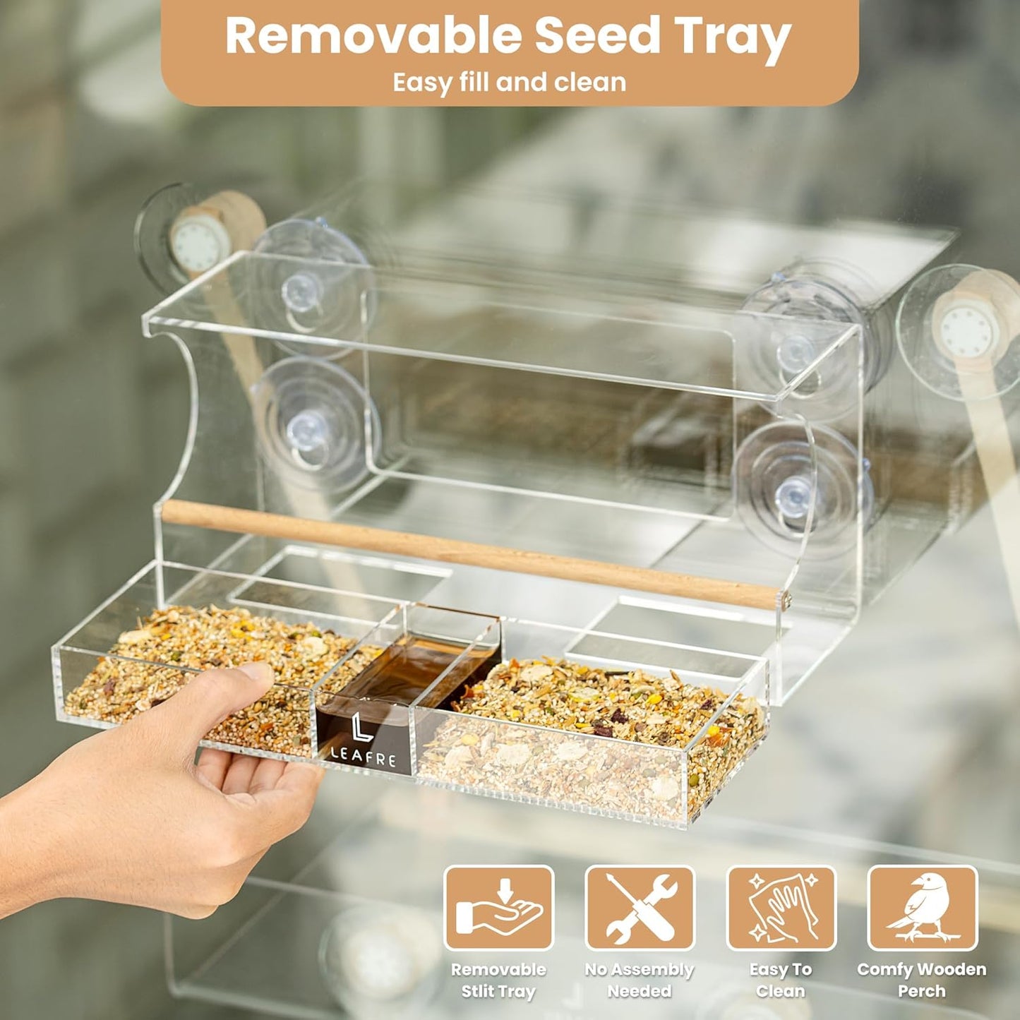 Clear Acrylic Bird Window Feeder - 3 in 1 Seeds, Nectar & Water | Easy-Cleaning & Removable Feeding Tray | Modern Style Wooden Stand | Bird Watching Gifts