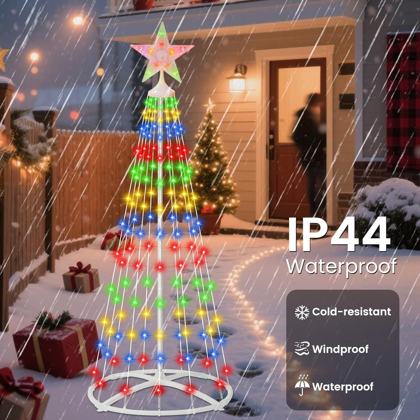 IDEAALS 5FT 154LED Outdoor Solar Christmas Cone Tree Lights, 8 Modes Timer Remote RGB Christmas Tree Lights with Star Topper for Xmas Yard Porch Patio Holiday Decor