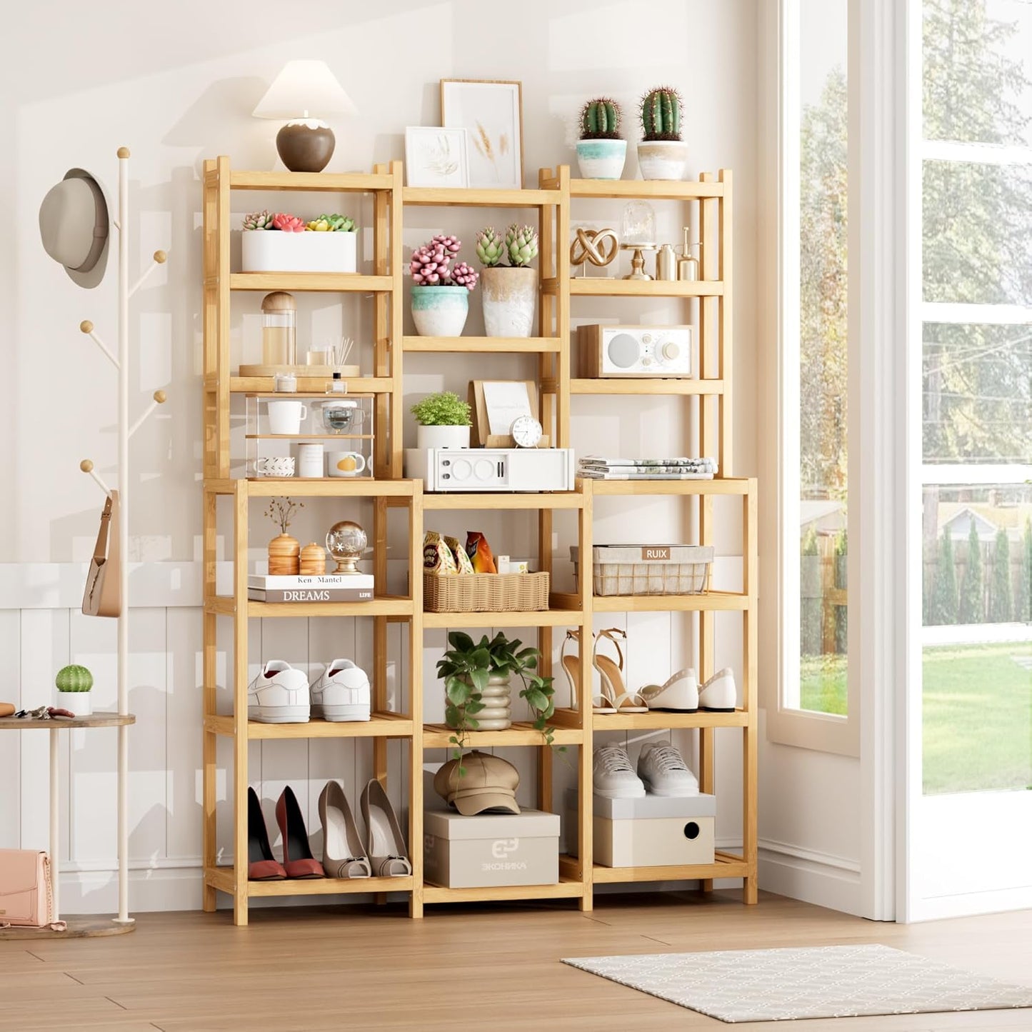 FOTOSOK Bamboo Shelf, 7 Tier Plant Stand Indoor, 3 Row Ladder Shelf, Bookshelf and Bookcase, Plant Shelves with Adjustable, Corner Display Stands, Flower Stand for Living Room Balcony Kitchen Natural