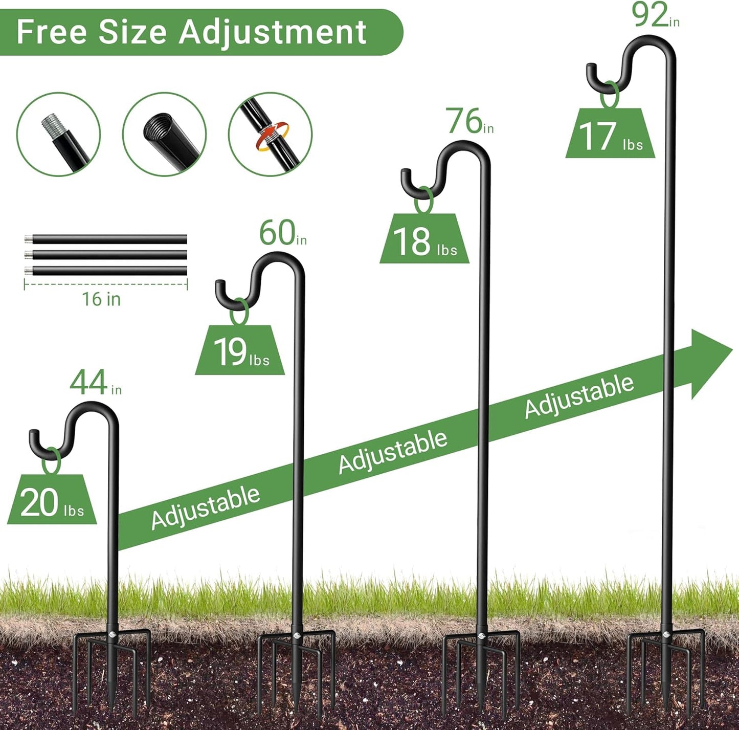 92" Shepherds Hooks for Outdoor, Extra Thick Bird Feeder Pole with 5 Prong Base, Adjustable Shepards Hook for Garden, Weddings, Hanging Plant