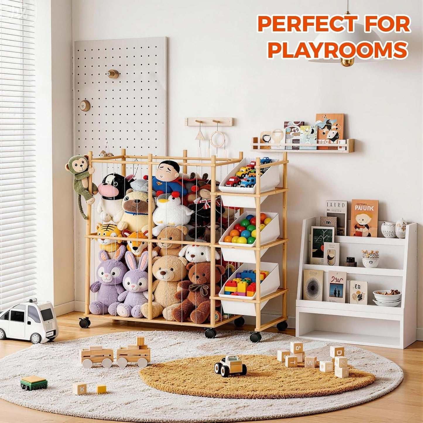Toy Storage Organizer with 3 Removable Bins, Kids Storage Toy Shelf Organizer for Stuffed Animal Holder for Bedroom Playroom Nursery | Wood & White