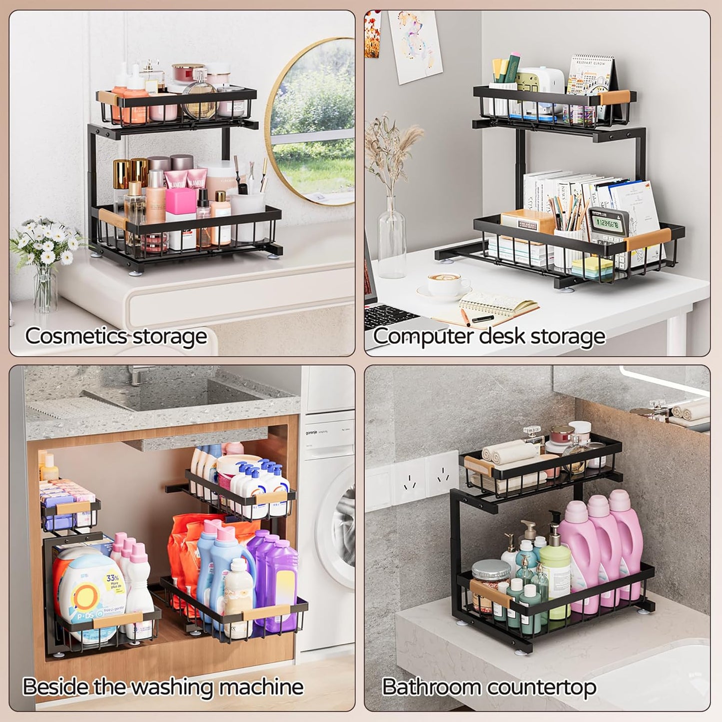 ADBIU Under Sink Organizer 2 Pack, 2 Tier Pull Out Cabinet Organizer w