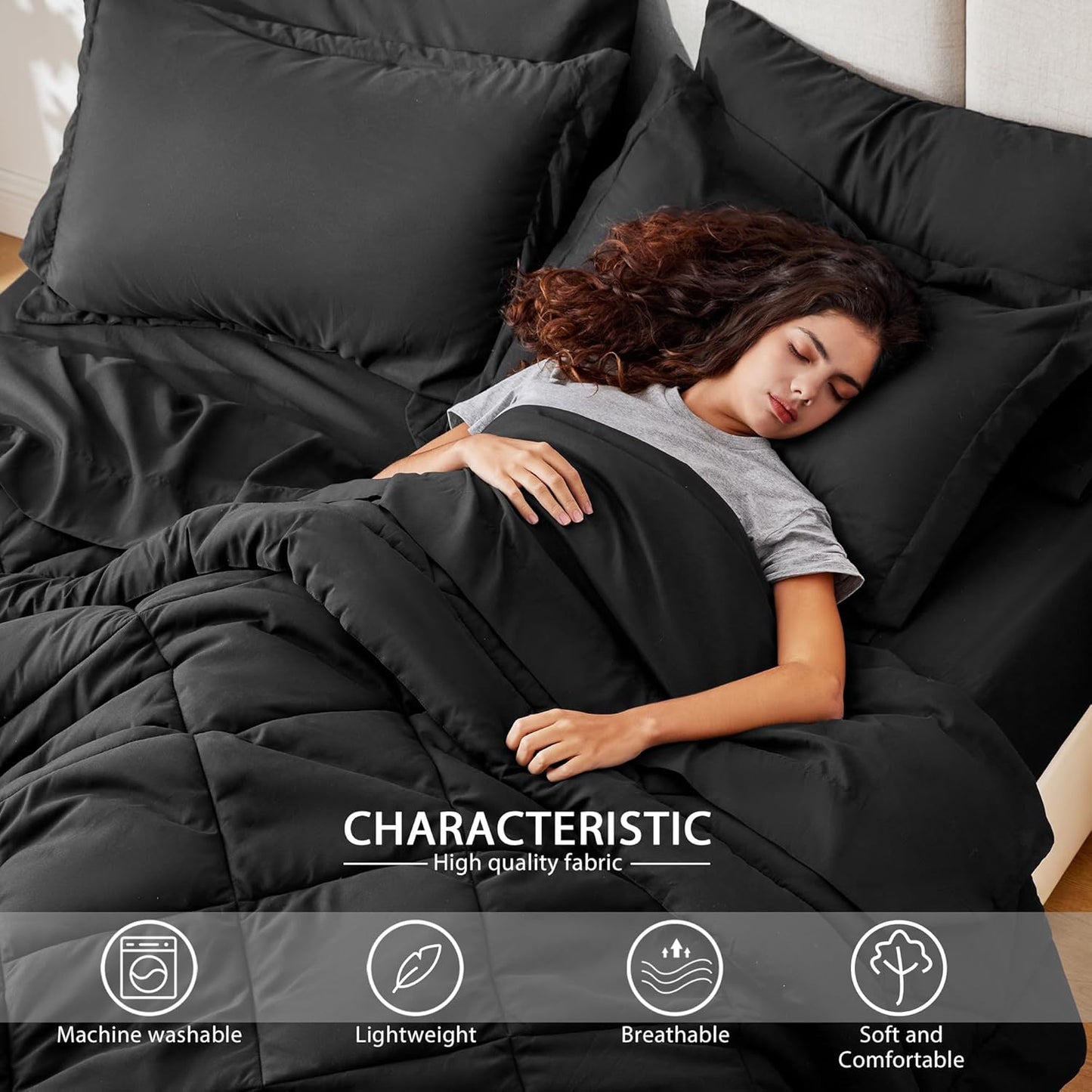Love's cabin King Size Comforter Set Black, 7 Pieces King Bed in a Bag