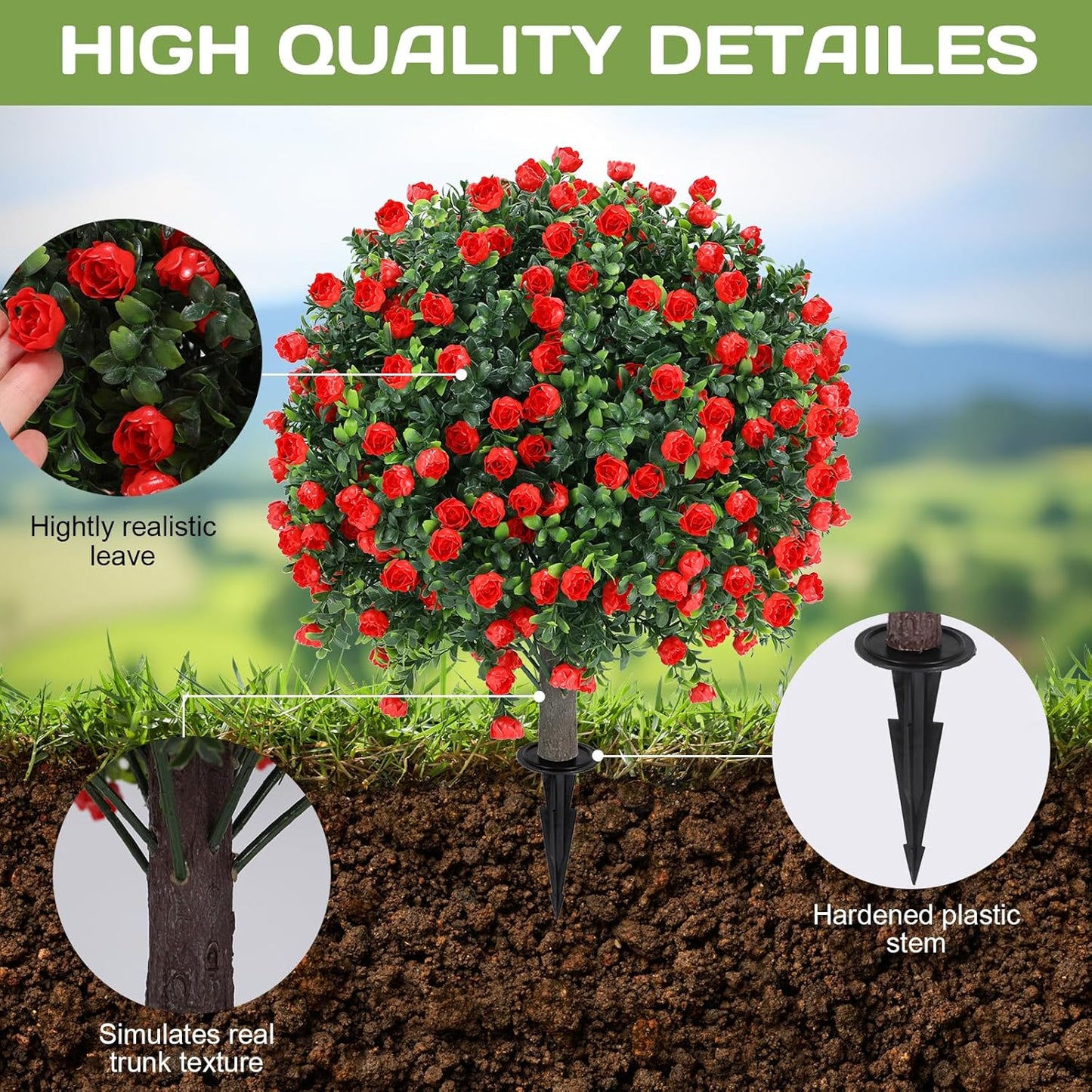 Artificial Red Rose Topiary Ball Tree 25" with Ground Spike, Set of 2 