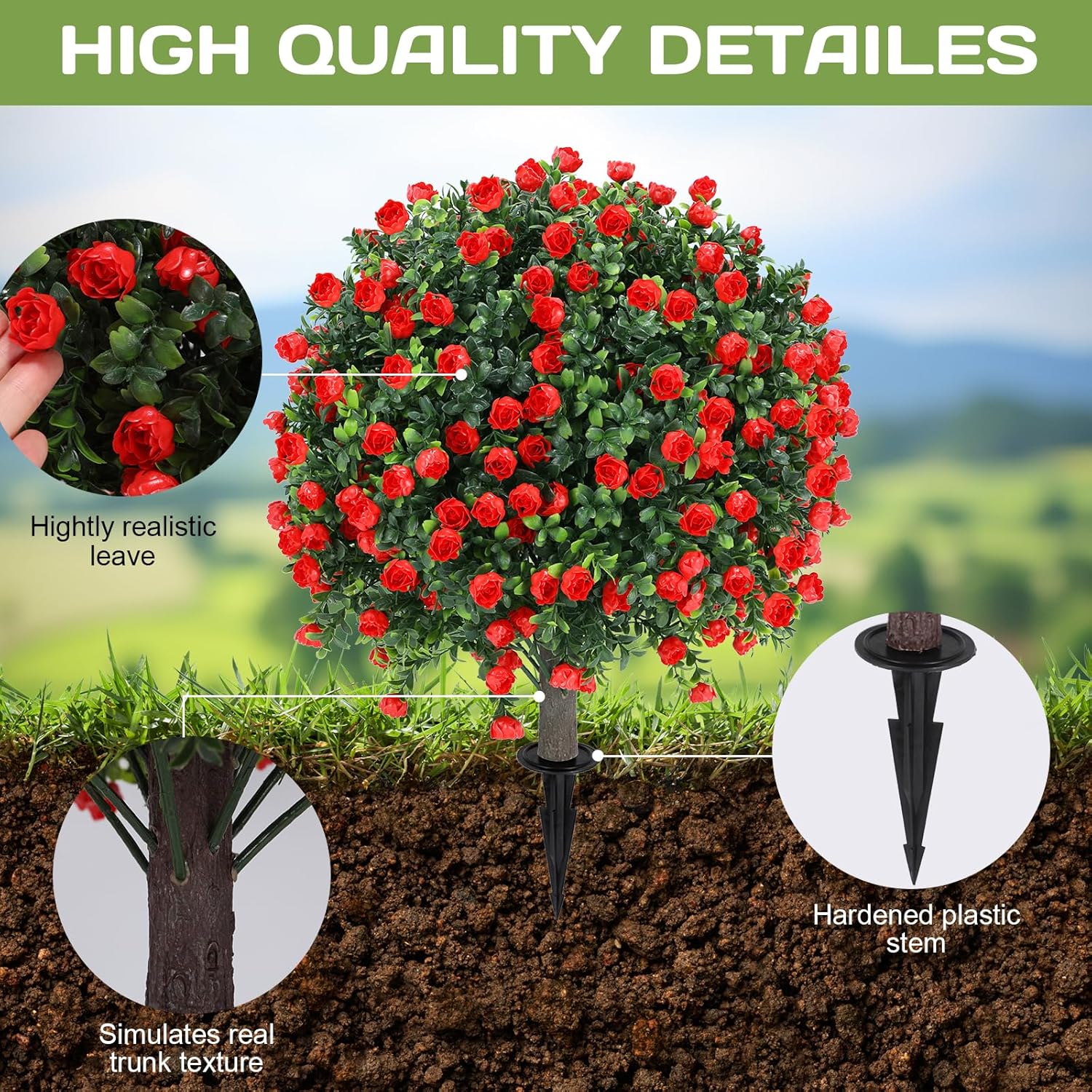 Artificial Red Rose Topiary Ball Tree 25" with Ground Spike, Set of 2 