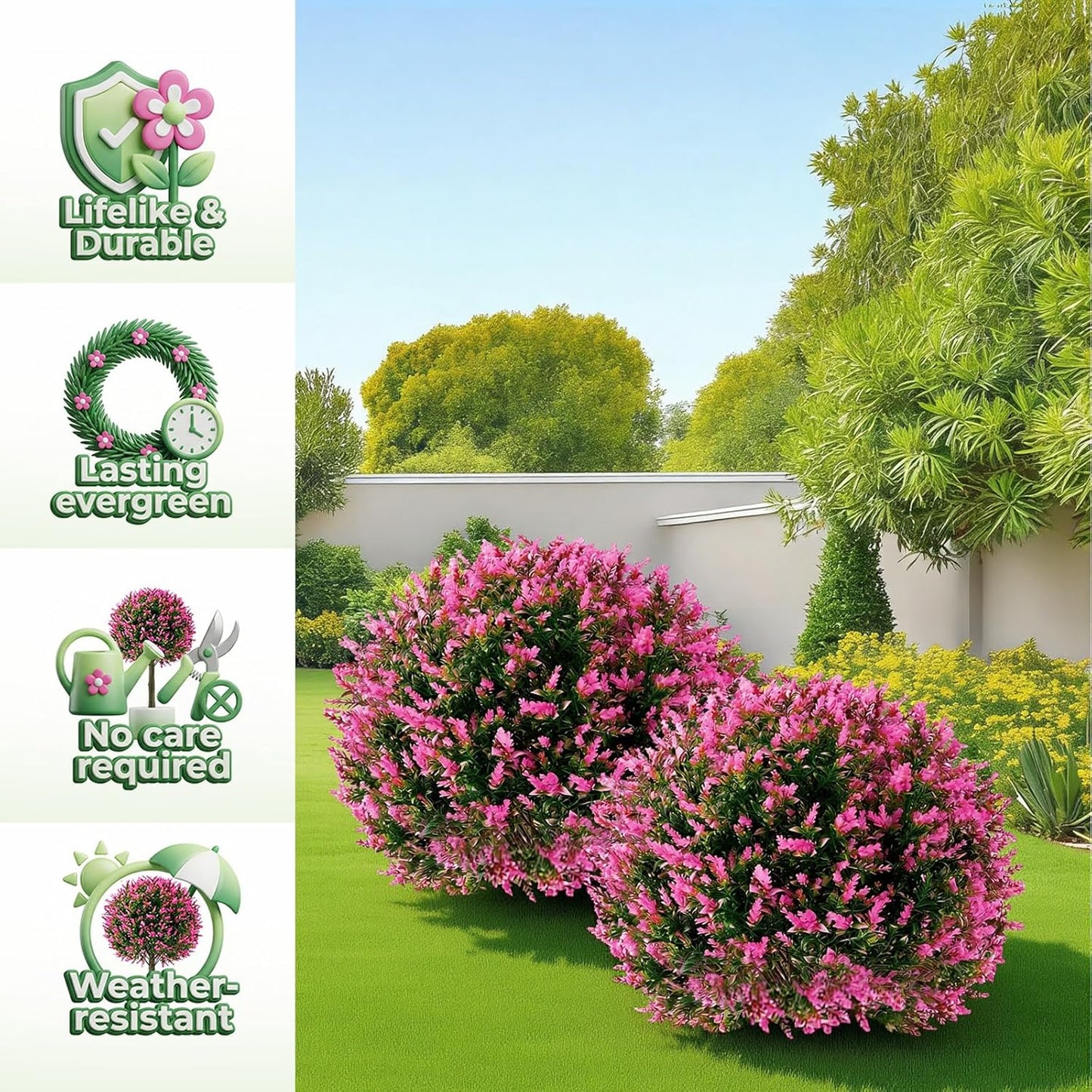 2 Pack 24" Artificial Topiary Ball Plants Trees with Flowers, Outdoor Fake Topiary Plants with Ground Spike, UV Resistant Faux Bushes for Indoor Outdoor Front Door Decor(Rose Pink,Lavender)