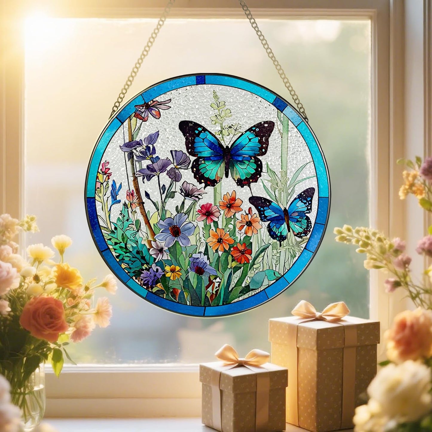 Stained Glass Window Hanging, 8 Inch Butterfly Sun Catchers Indoor Win