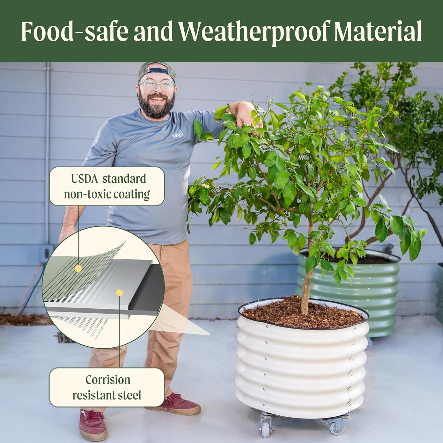 Rolling Metal Citrus Tree Planter Pot, 24″ Round Planter Box for Porch