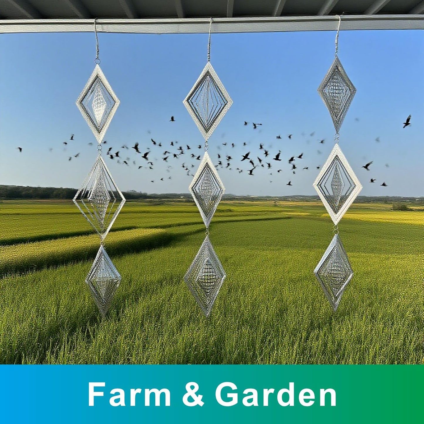 Shiny Metal Bird Reflectors Wind Spinners 360° Wind-Spinning Quiet Reflective Bird Deterrent Decor for Small Yard Orchard Bird-Prone Areas (Diamond-Shaped/Silver / 9 Pcs / 3 Set)