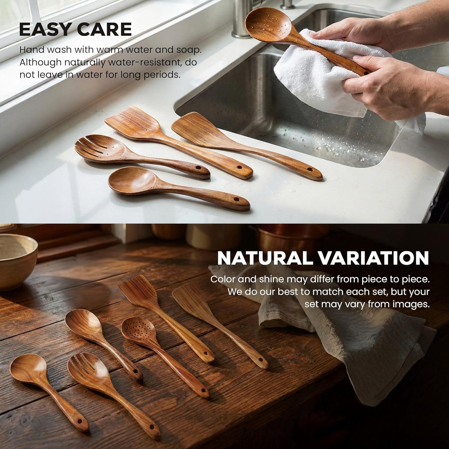 Zulay Kitchen 6 Piece Wooden Spoons for Cooking – Natural Teak Wooden Utensil Set, Easy to Clean, Durable, Smooth with Comfort Grip - Non Toxic Wooden Cooking Utensil Sets