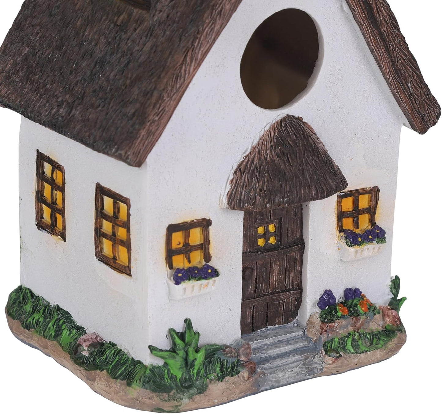 White Resin Cottage Bird House Brown Roof, 1.5" Entry Hole for Small Birds Wrens Sparrows, Rustic Cottage Style Nesting Box, Weatherproof Backyard Garden Decoration