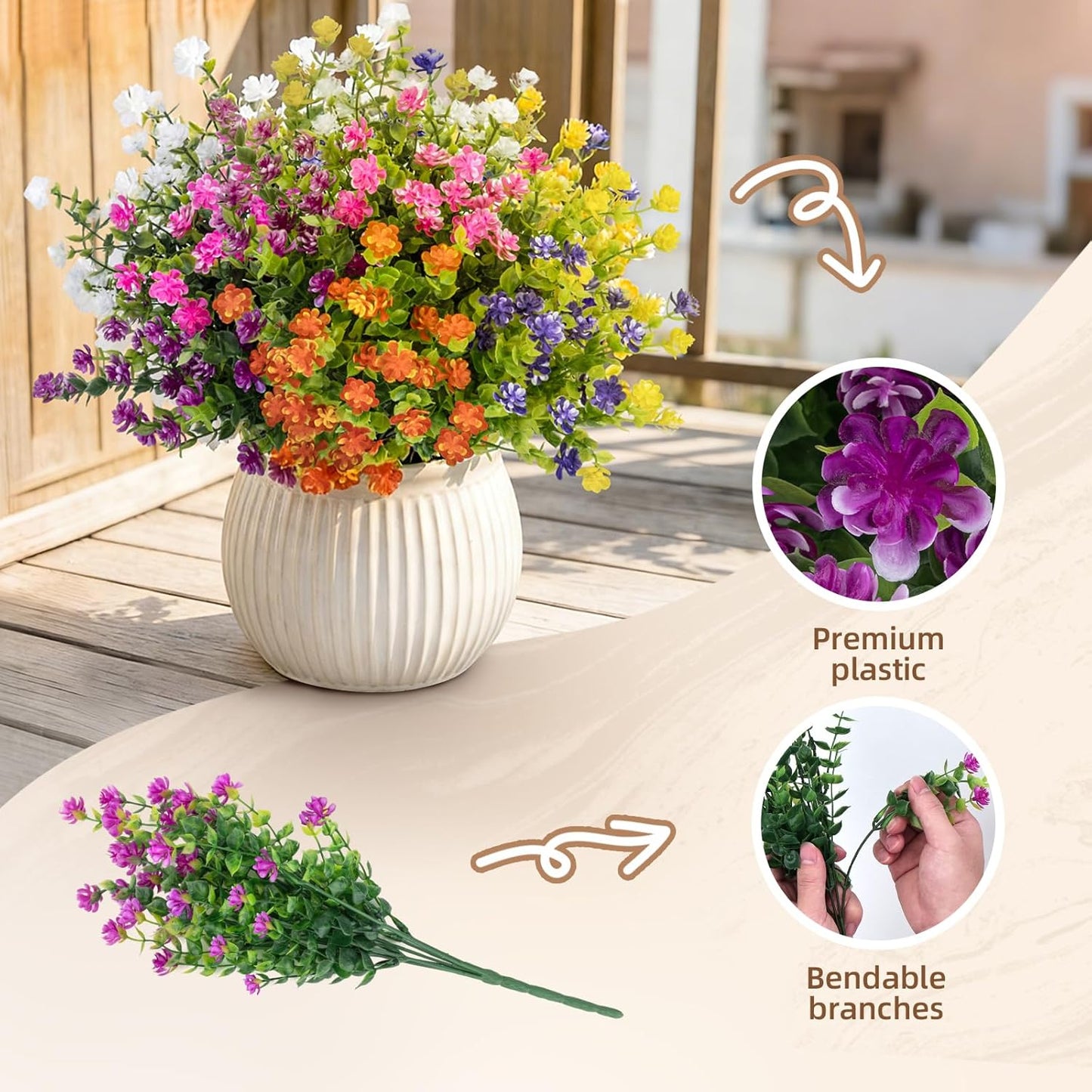 Artificial Flowers, Artificial Plants Outdoor for Spring Summer, Realistic Fake Flowers, for Garden, Porch, Patio, Party Wedding Decoration (12, Purple, Red, Pink, White, Yellow, Fuchsia)