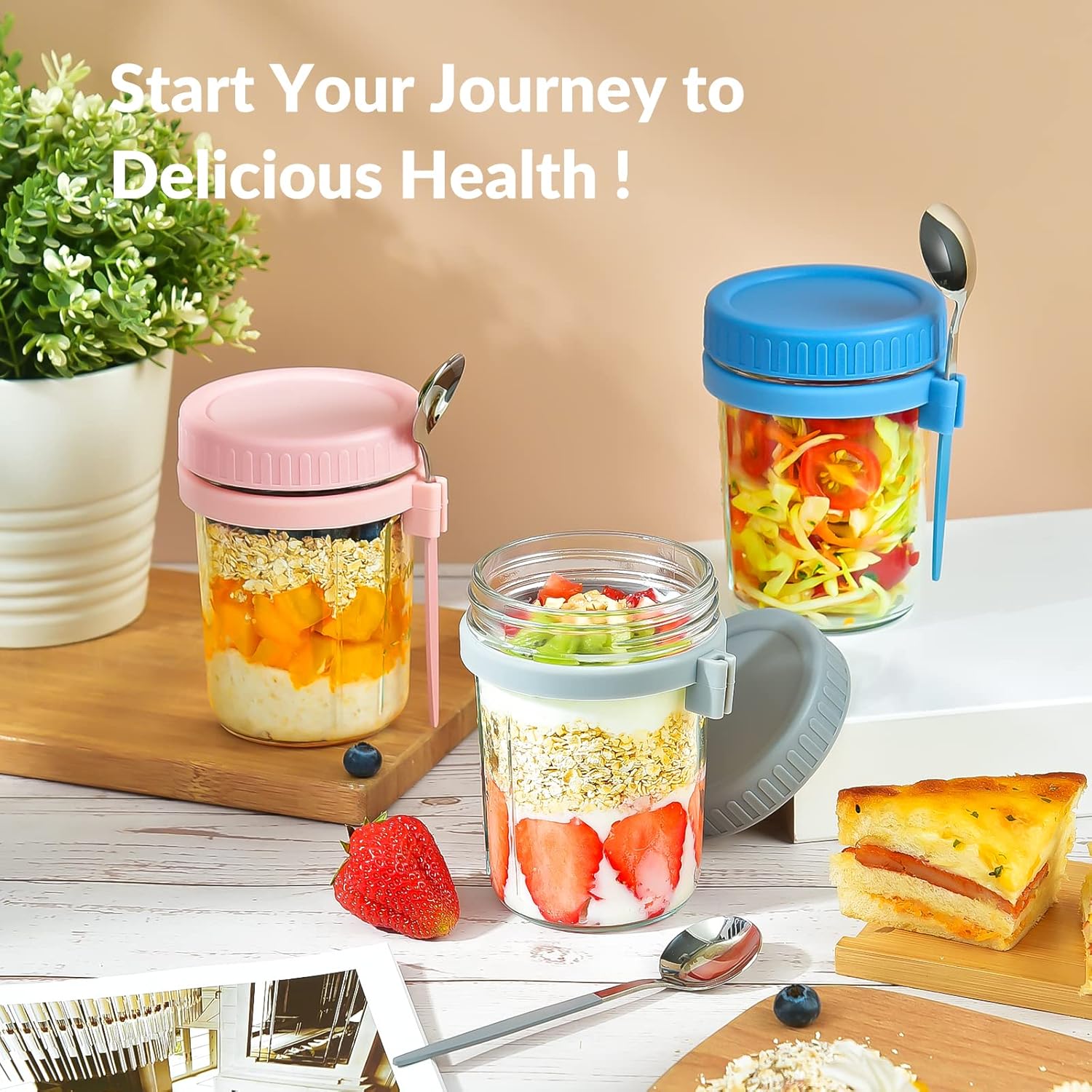 4 Pack Overnight Oats Containers with Lids and Spoons - DRKIO 16 Oz Gl