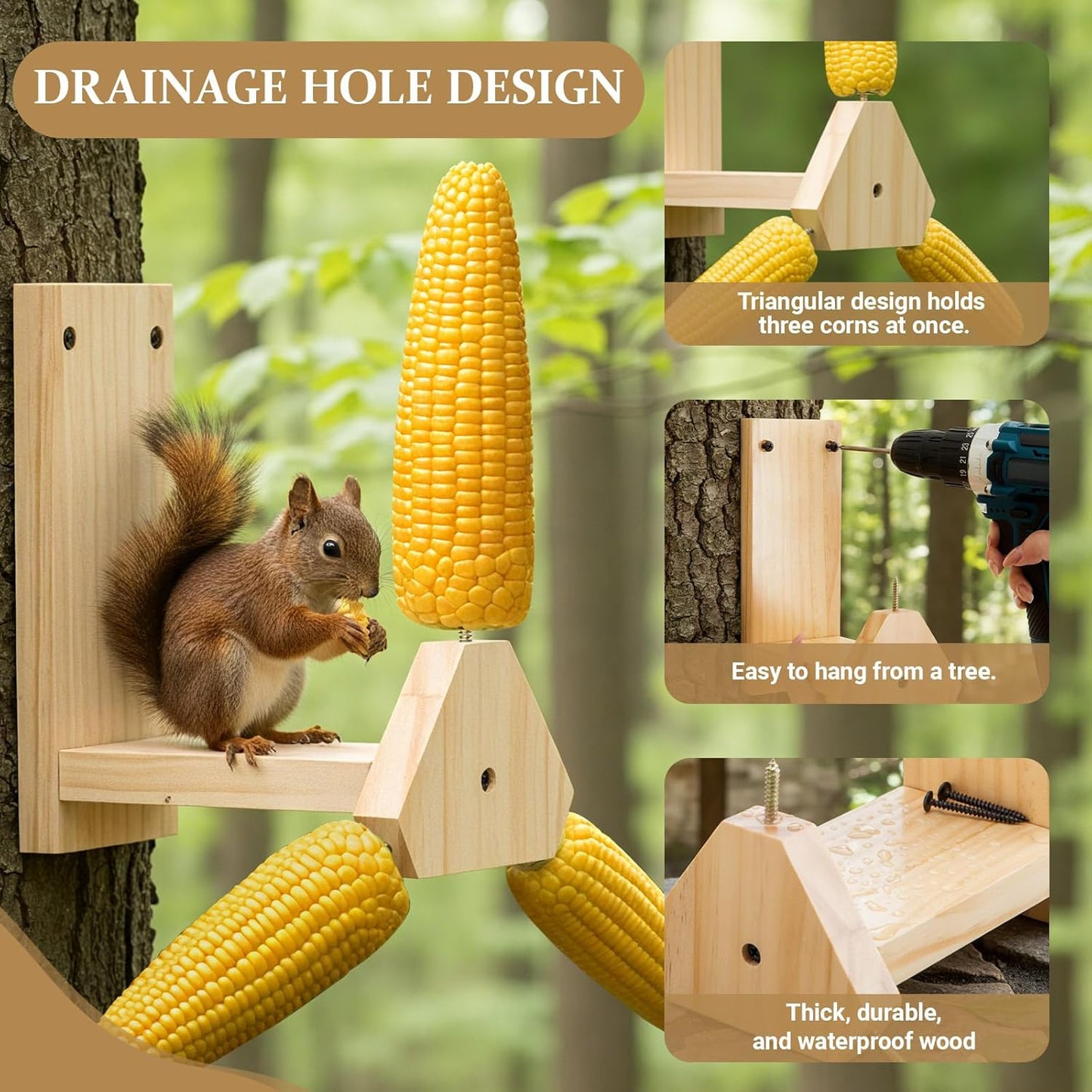 LemonRoad Squirrel Feeder for Outside, Squirrel Spinner Corn Cob Holder with 3 Ears, Wooden Chipmunk Feeder (Beige)