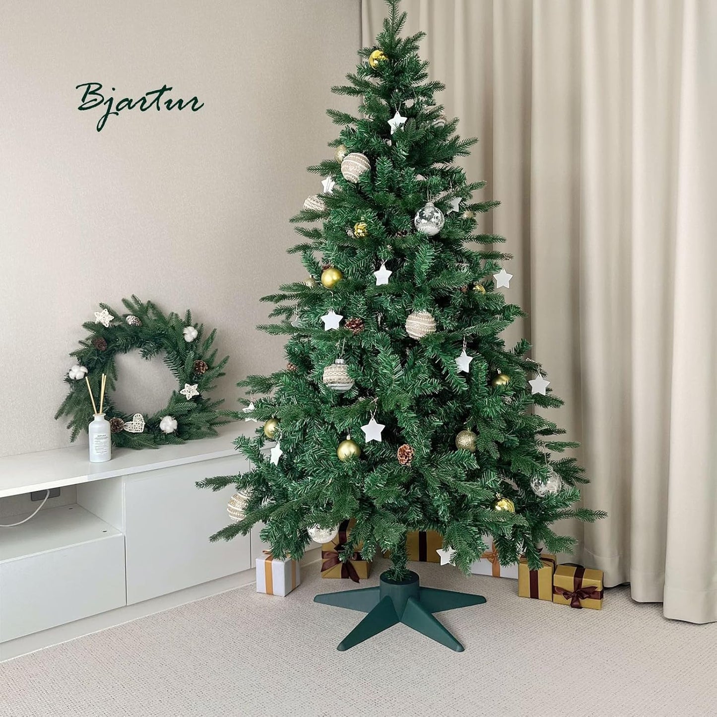 Bjartur Christmas Tree Stand, Christmas Tree Base for Artificial Tree up to 7 Ft Adjustable Holder Replacement Fits 0.75/0.87/1.25 Inch Xmas Tree Pole Green Decorations