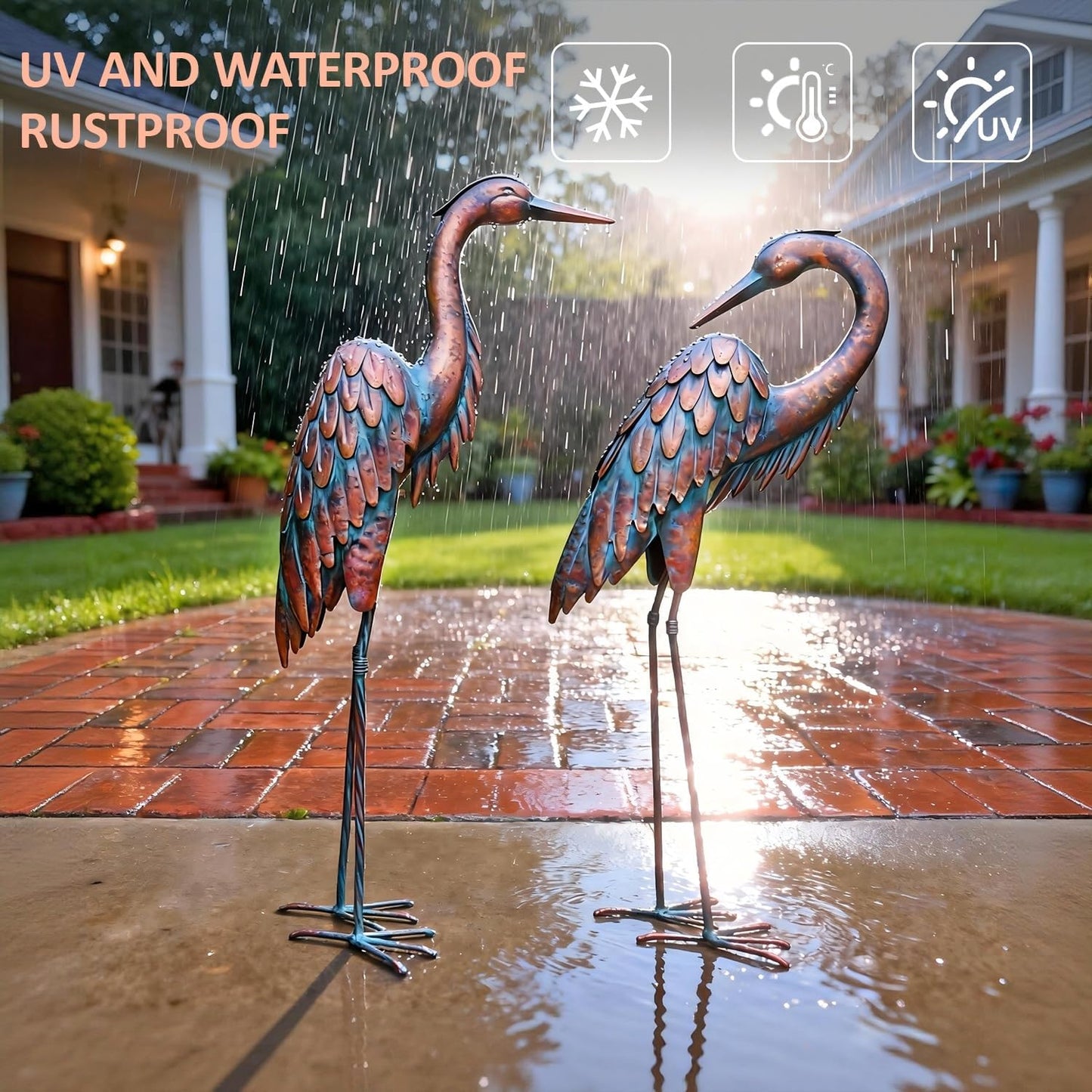 Kircust Metal Crane Statues - Set of 2 Bronze Heron Sculptures for Gar