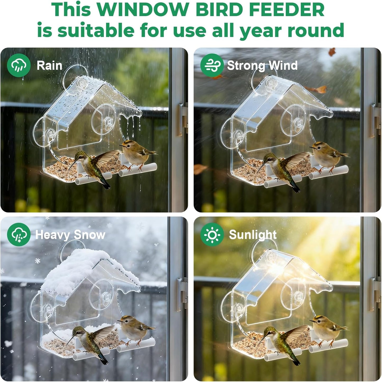 Clear Window Bird Feeder for Outside - Strongest Suction Cups 360° Vie