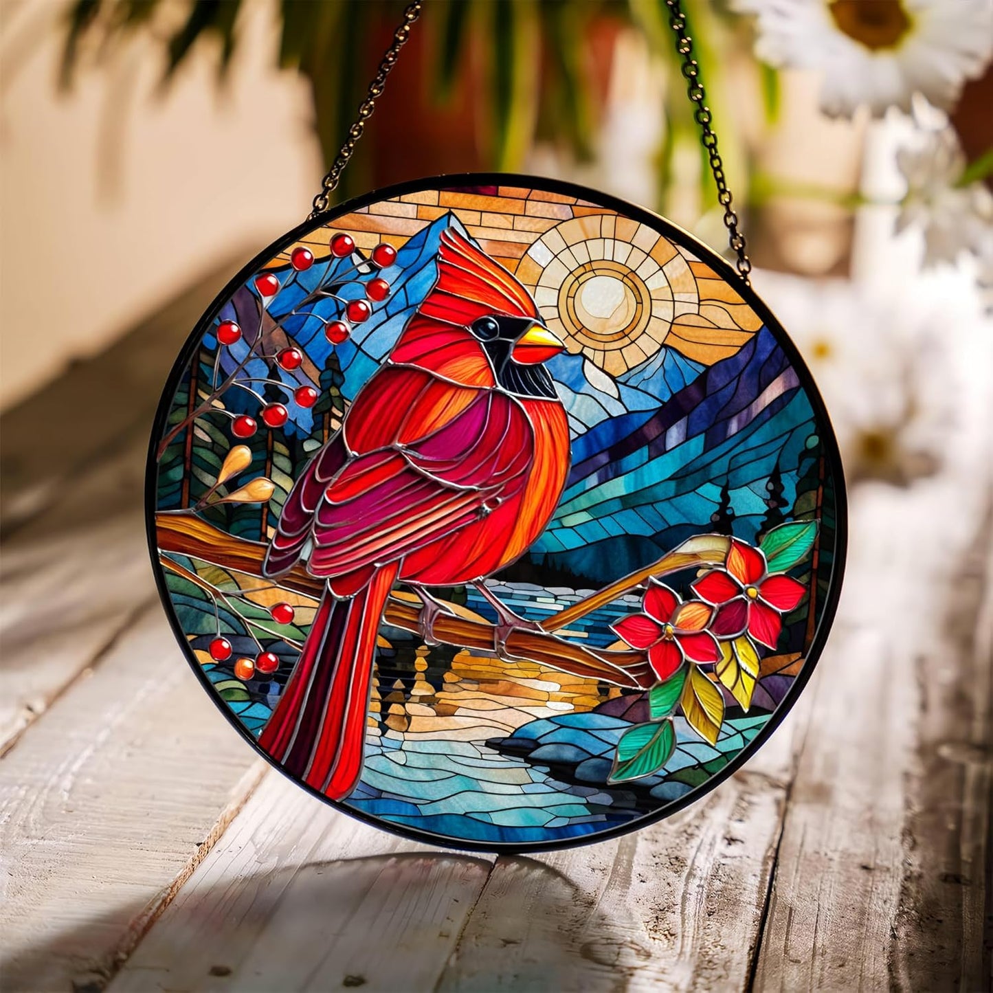 7.8'' Cardinal Suncatcher Stained Glass Window Hanging Memory Ornament Suncatchers Christmas Mothers Fathers Day Remembrance Sympathy Memorial Gifts for Loss of Loved One Mom Father Grandma