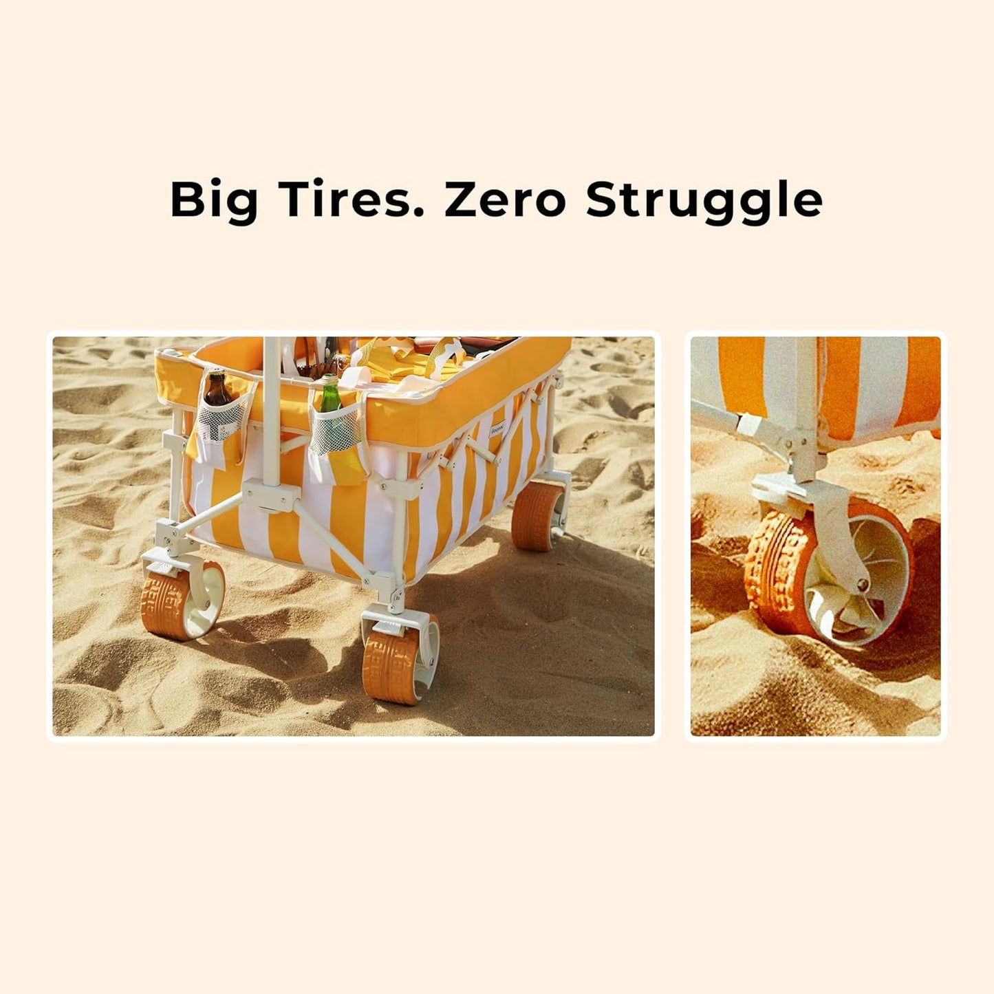 Beach Wagon for Sand with 6.7" Fat Tires, Foldable Beach Cart for Beach & Camping, Large Capacity Easy-Pull Wagon, Cala Serena Ochre Stripe